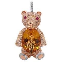 Orange Citrine, Diamond & Ruby 18K Rose Gold Teddy Bear Pendant Necklace