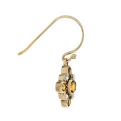 Orange Citrine & Pearl Vintage Style Cluster Drop Yellow Gold Earrings