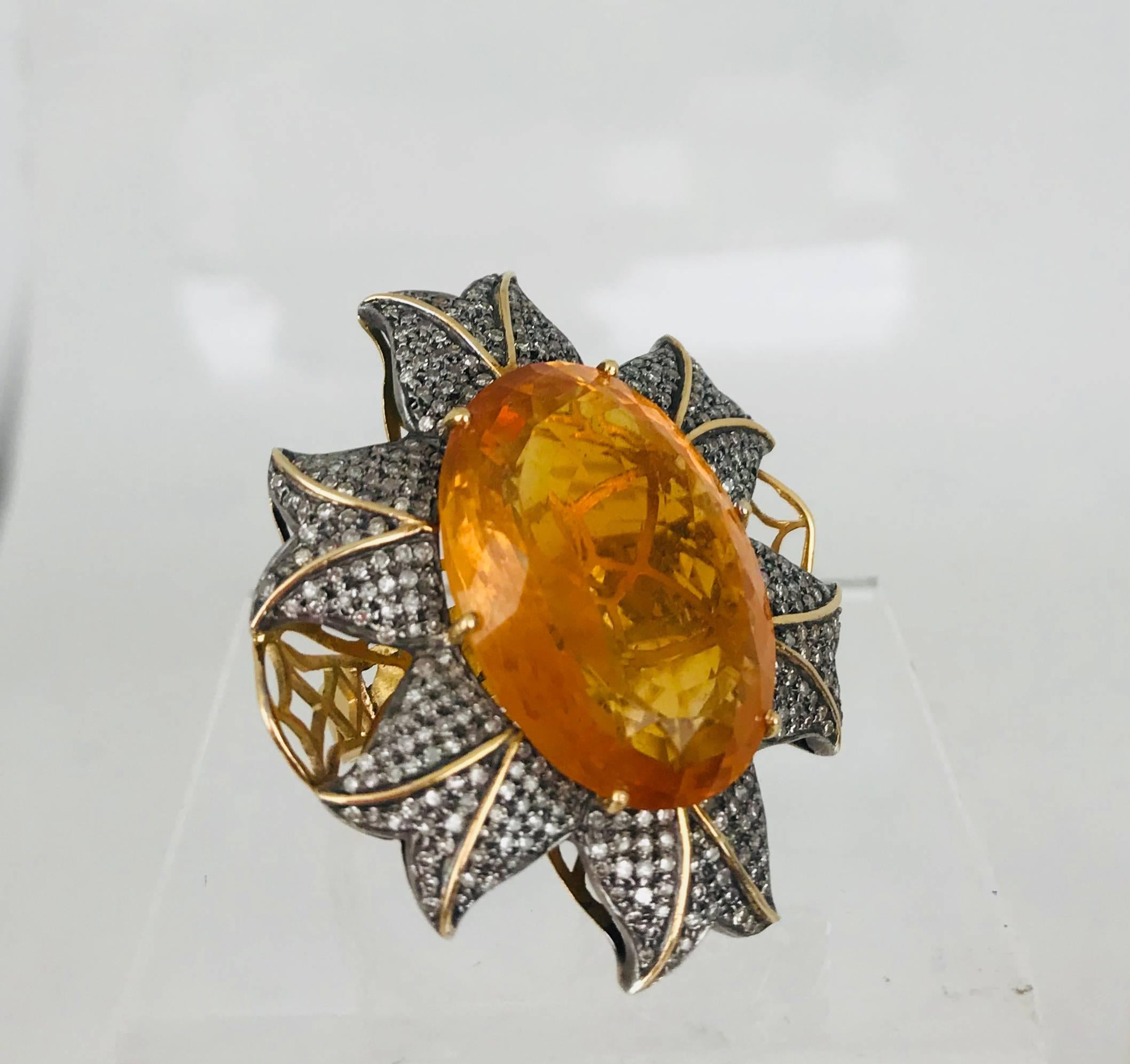 Edwardian Orange Quartz, 45 Carat Midcentury Ring with 1.50 Carat of Diamonds For Sale