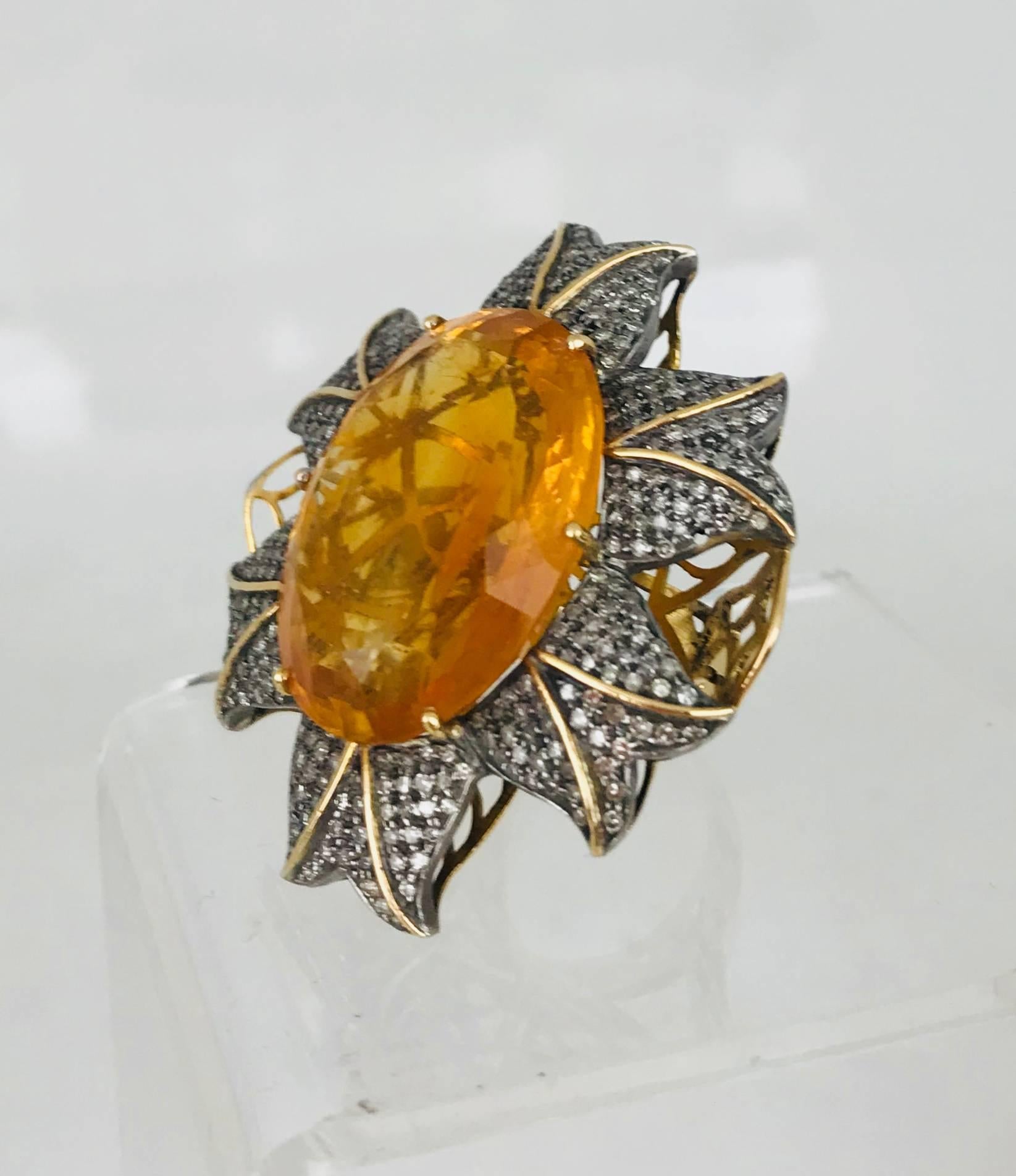 Oval Cut Orange Quartz, 45 Carat Midcentury Ring with 1.50 Carat of Diamonds For Sale