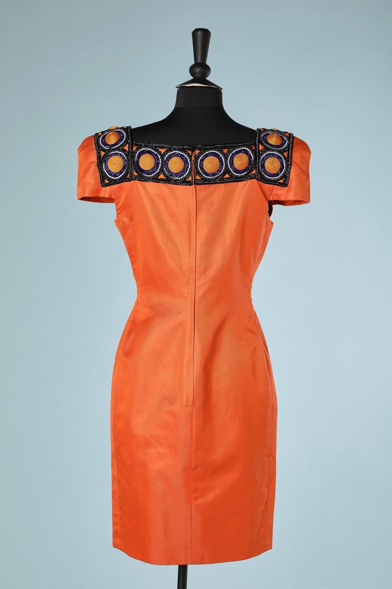 Orange cocktail dress with beads and threads embroideries Gai Mattiolo Couture  For Sale 1
