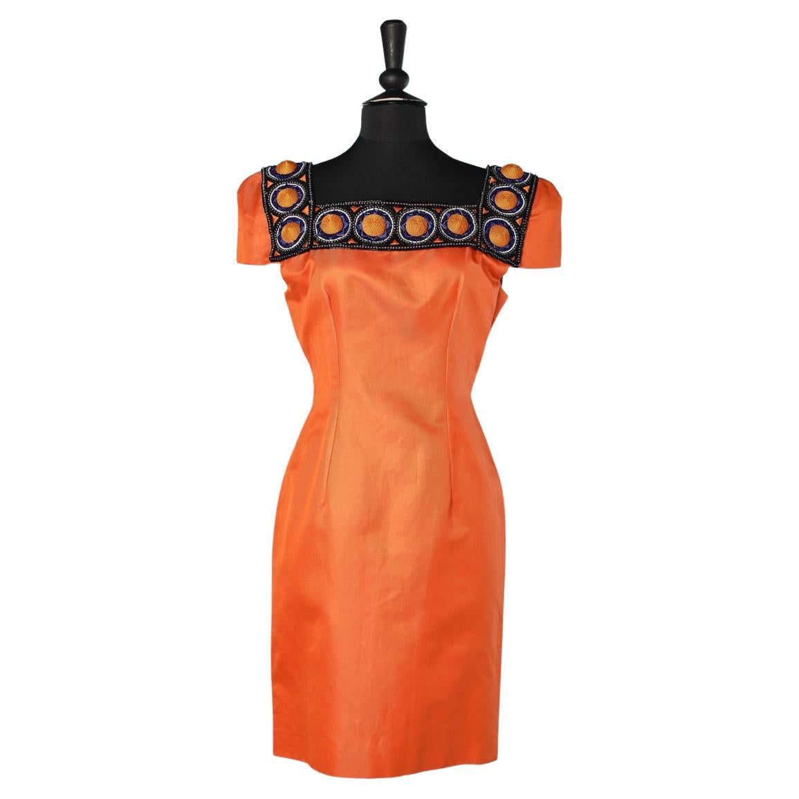 Orange cocktail dress with beads and threads embroideries Gai Mattiolo Couture  For Sale