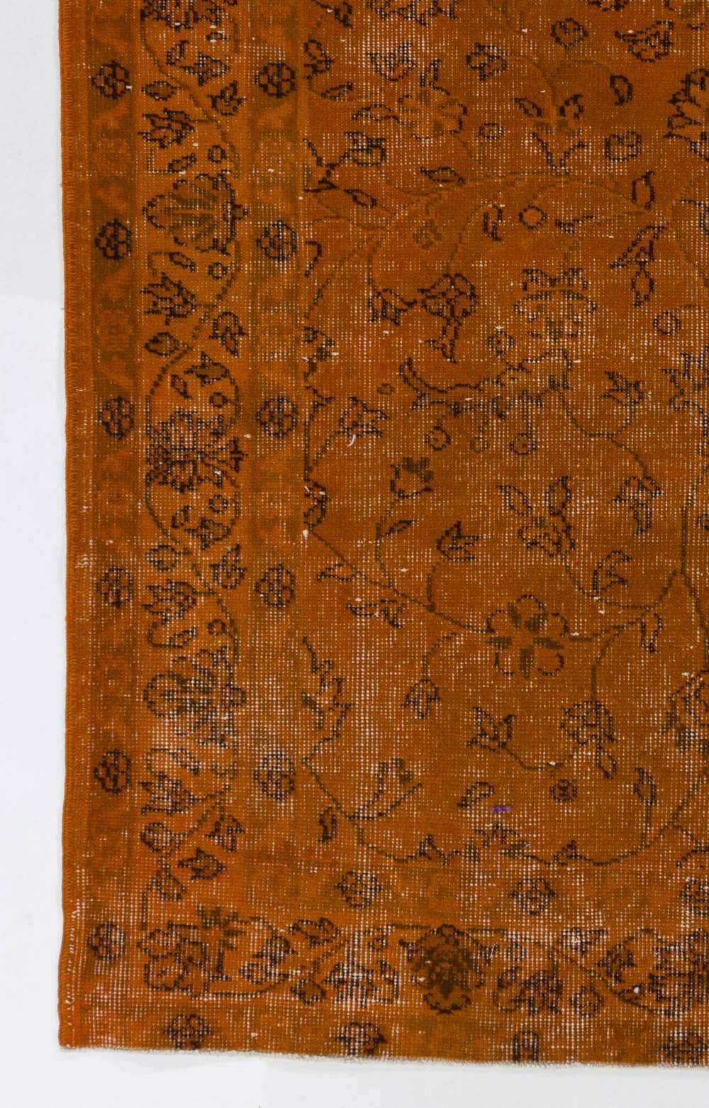 Hand-Woven Orange Color Overdyed Handmade Vintage Floral Turkish Rug