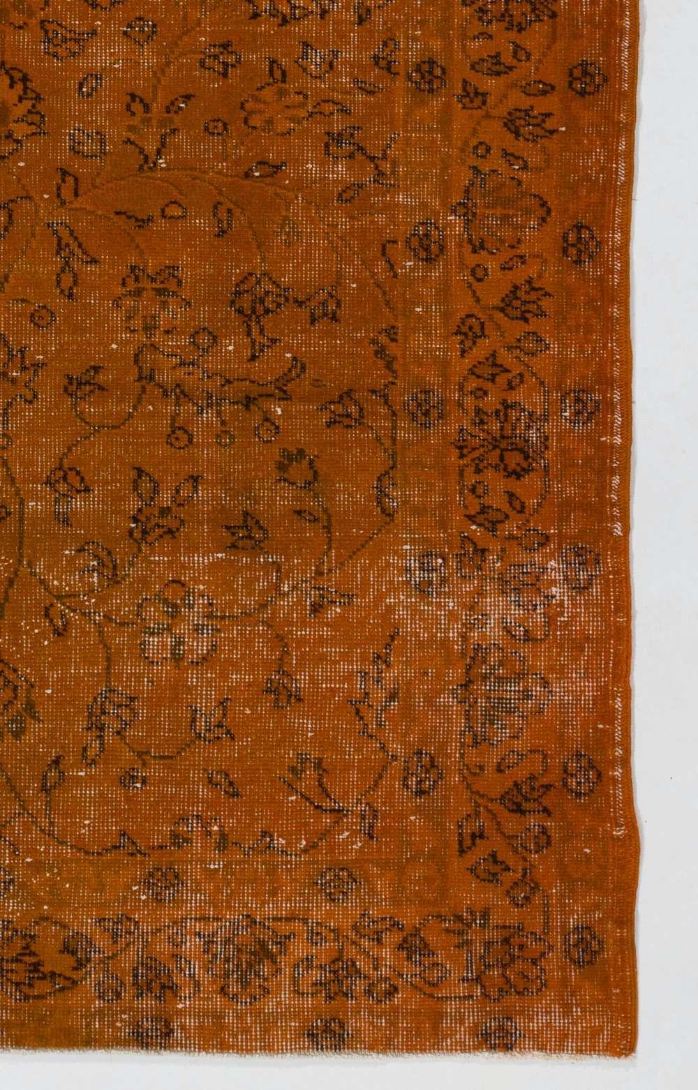 Orange Color Overdyed Handmade Vintage Floral Turkish Rug In Good Condition In Philadelphia, PA