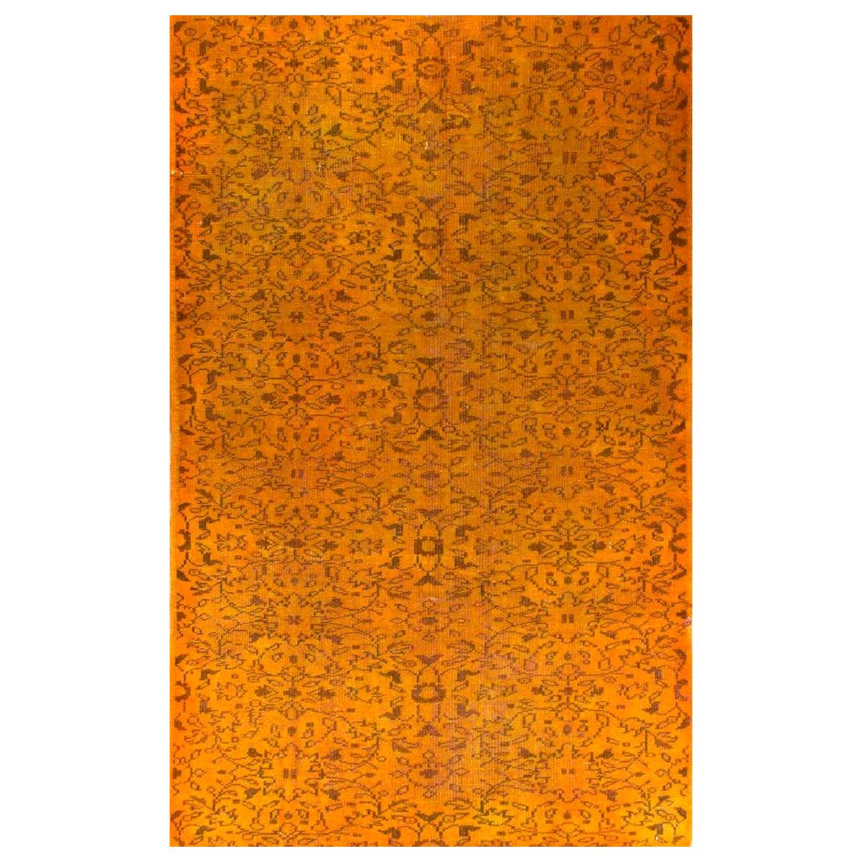 5x7.7 Ft Vintage Hand-knotted Turkish Wool Rug Over-dyed in Orange