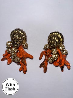 Orange Coral and Gold Seashell Clip-on Earrings by Christian Lacroix