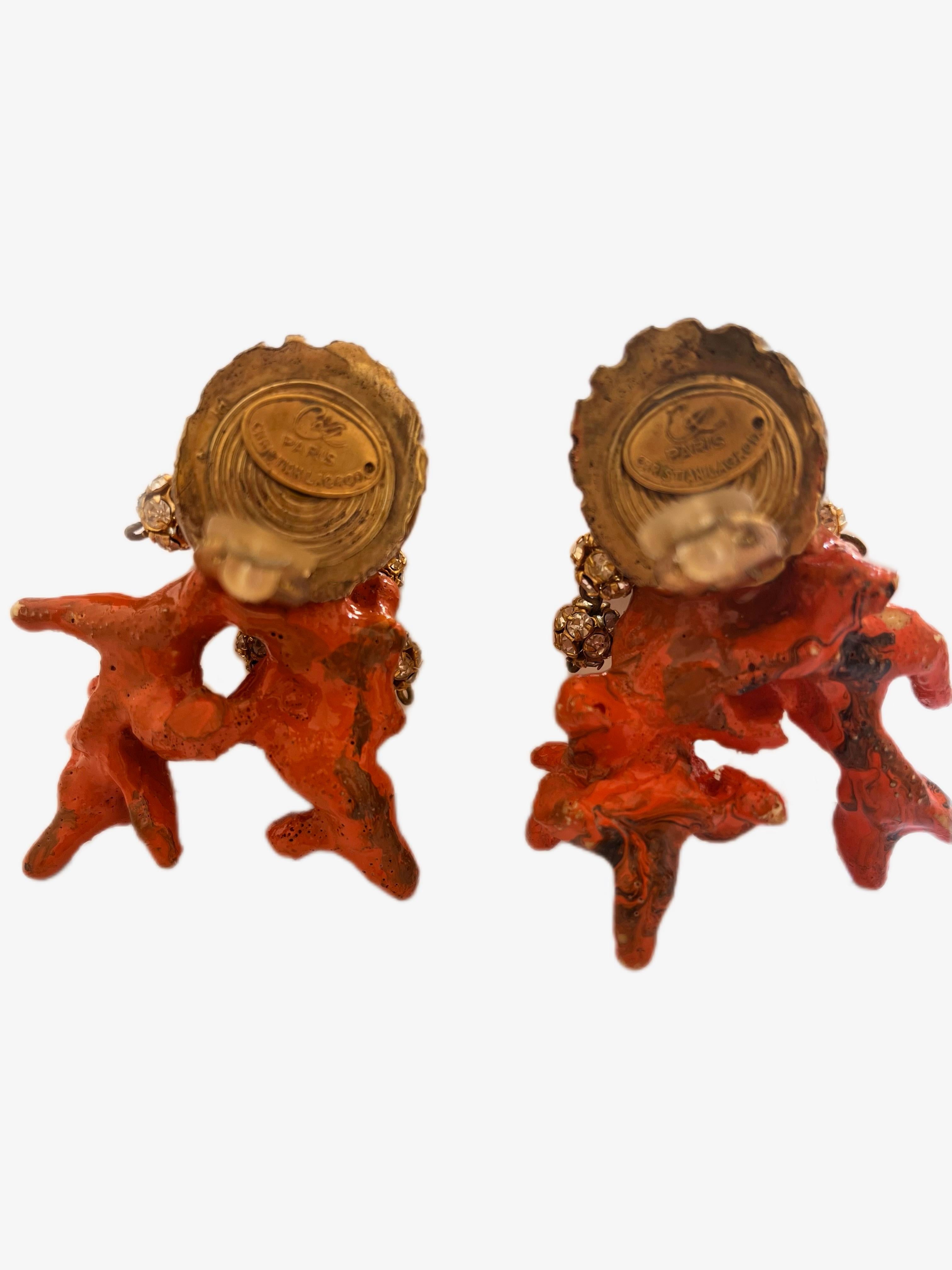 Orange Coral and Gold Seashell Clip-on Earrings by Christian Lacroix For Sale 1
