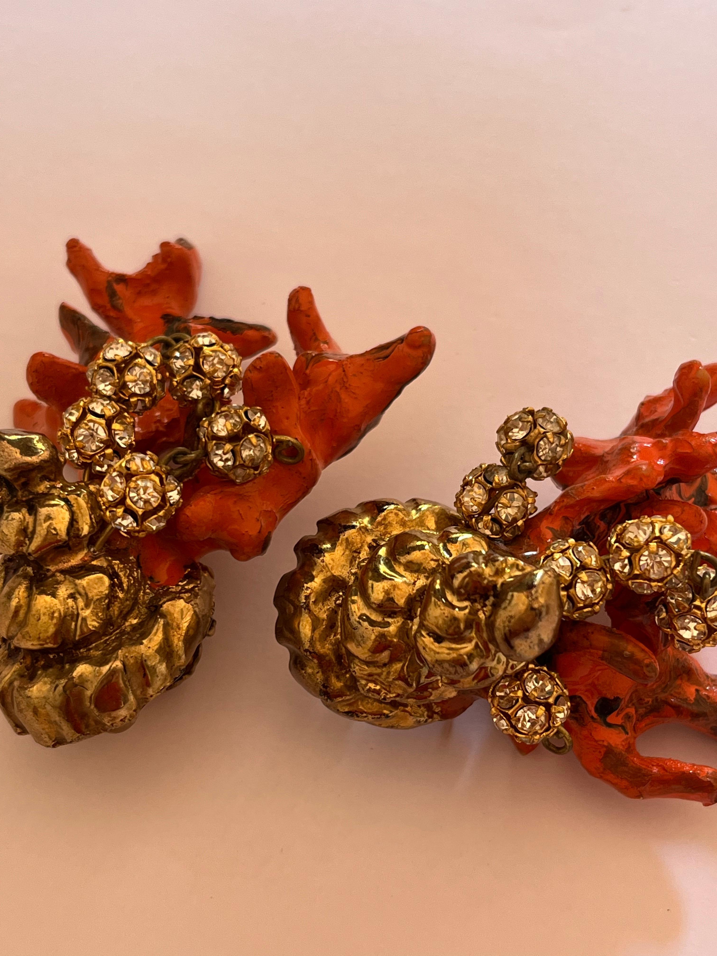 Orange Coral and Gold Seashell Clip-on Earrings by Christian Lacroix For Sale 3