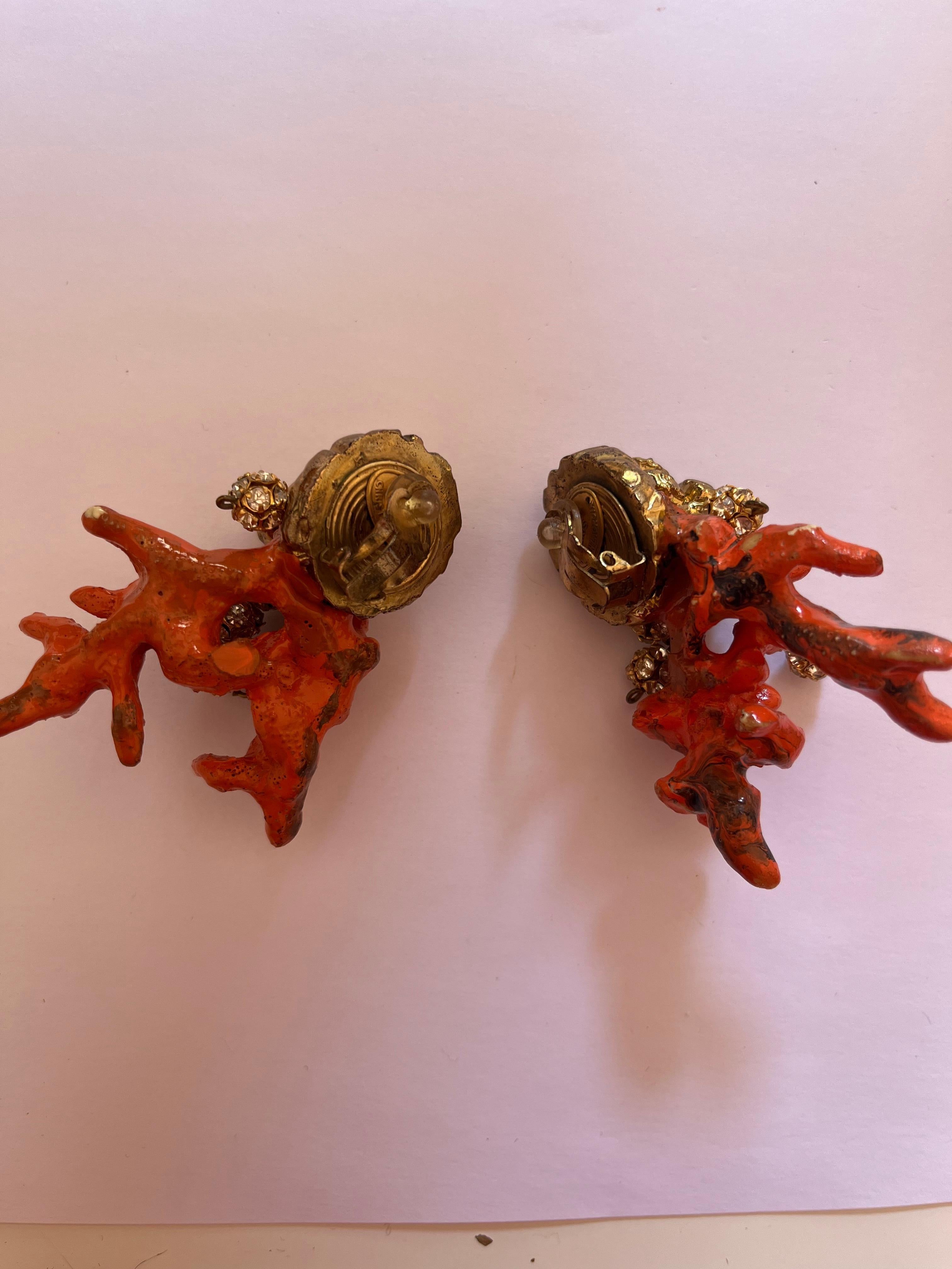 Orange Coral and Gold Seashell Clip-on Earrings by Christian Lacroix For Sale 4
