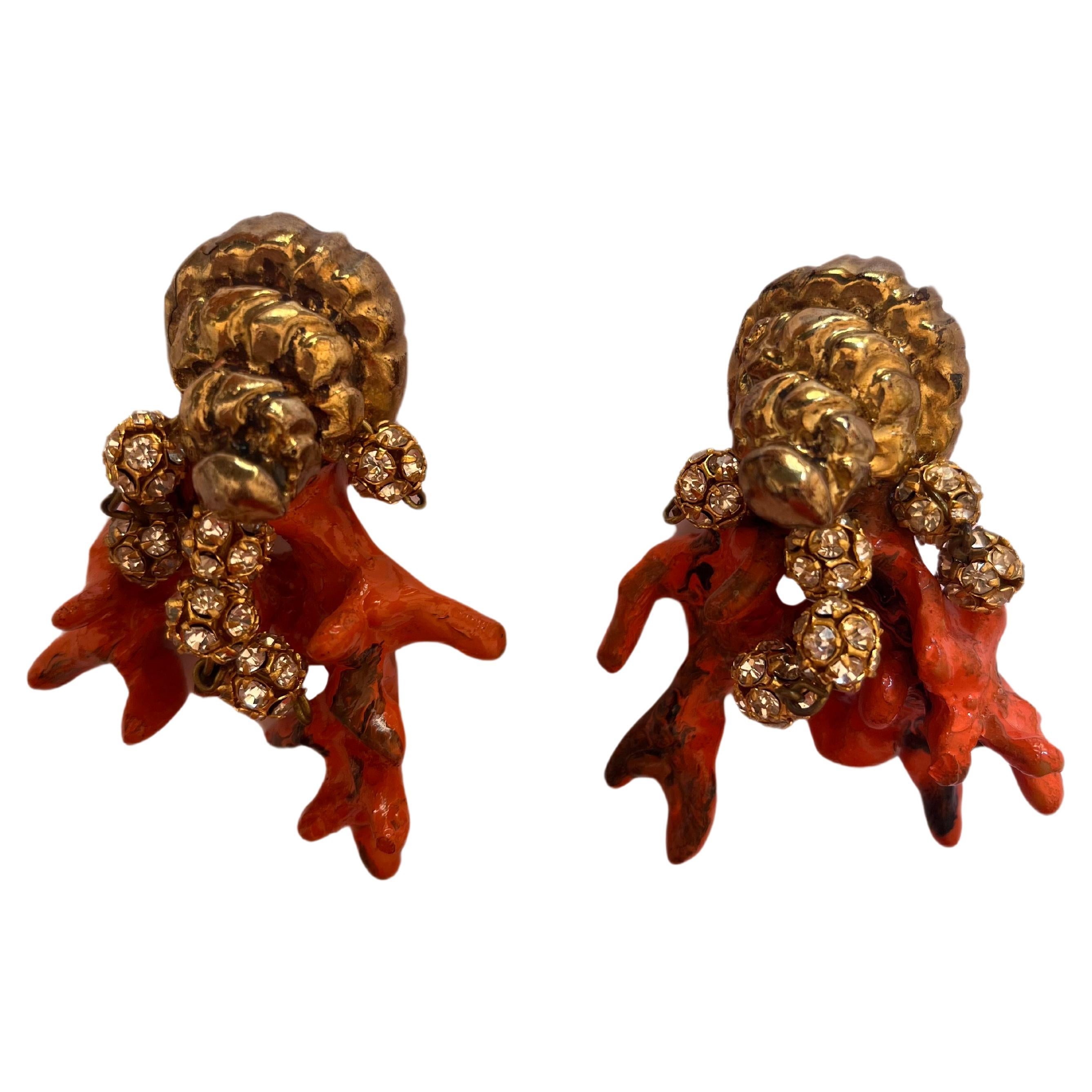 Orange Coral and Gold Seashell Clip-on Earrings by Christian Lacroix For Sale