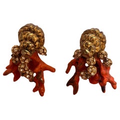 Orange Coral and Gold Seashell Clip-on Earrings by Christian Lacroix