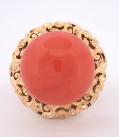 Orange Coral Cabochon, 18K Yellow Gold Ring
