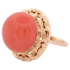 Orange Coral Cabochon, 18K Yellow Gold Ring