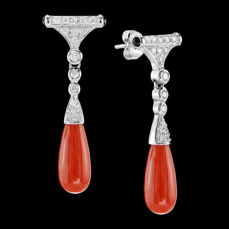 Art Deco Orange Coral Onyx Diamond Earrings