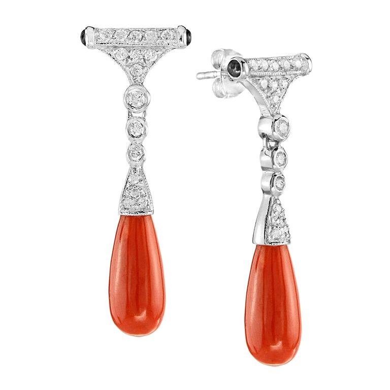 Orange Coral Onyx Diamond Earrings