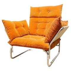 Orange Corduroy Cushions, Canvas and Chrome Vintage Mid Century Modern Armchair