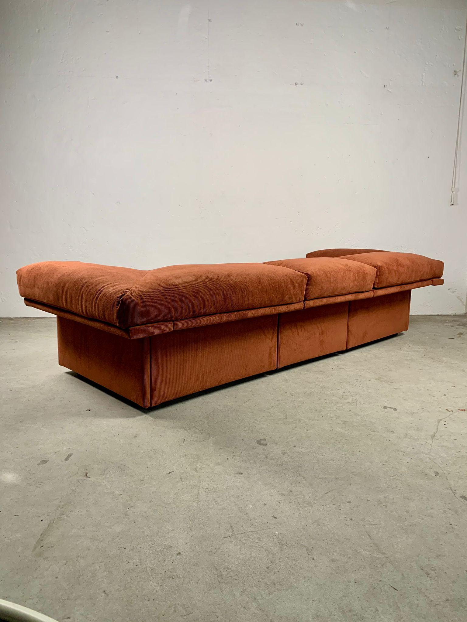 Modern Orange corduroy four-seater sofa, Italy, 1970s  For Sale