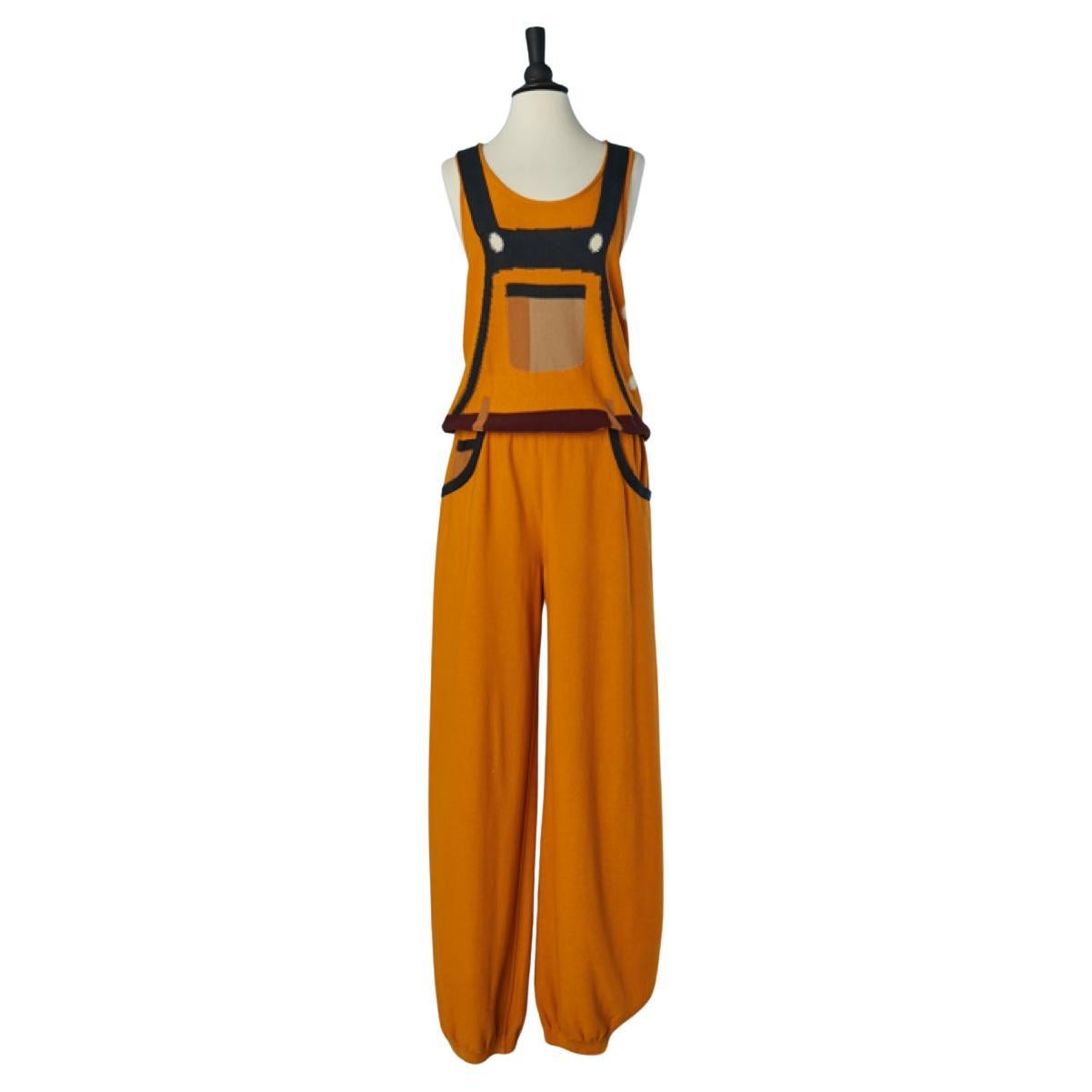 Orange cotton knit "Trompe l'oeil" dungaree Sonia Rykiel Circa 1990's For Sale