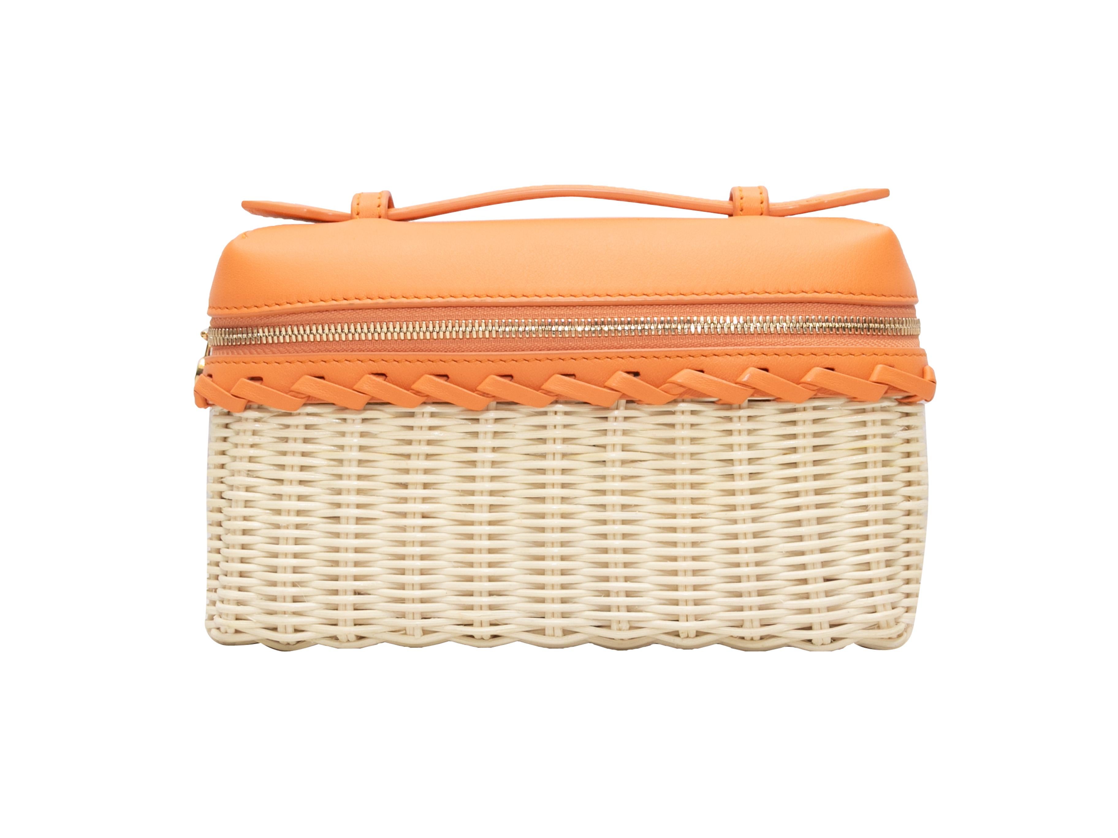 Orange & Cream Loro Piana Wicker & Leather L19 Bag. The L19 Bag features a wicker and leather body, gold-tone hardware, a single flat crossbody strap, and a top zip closure. 8