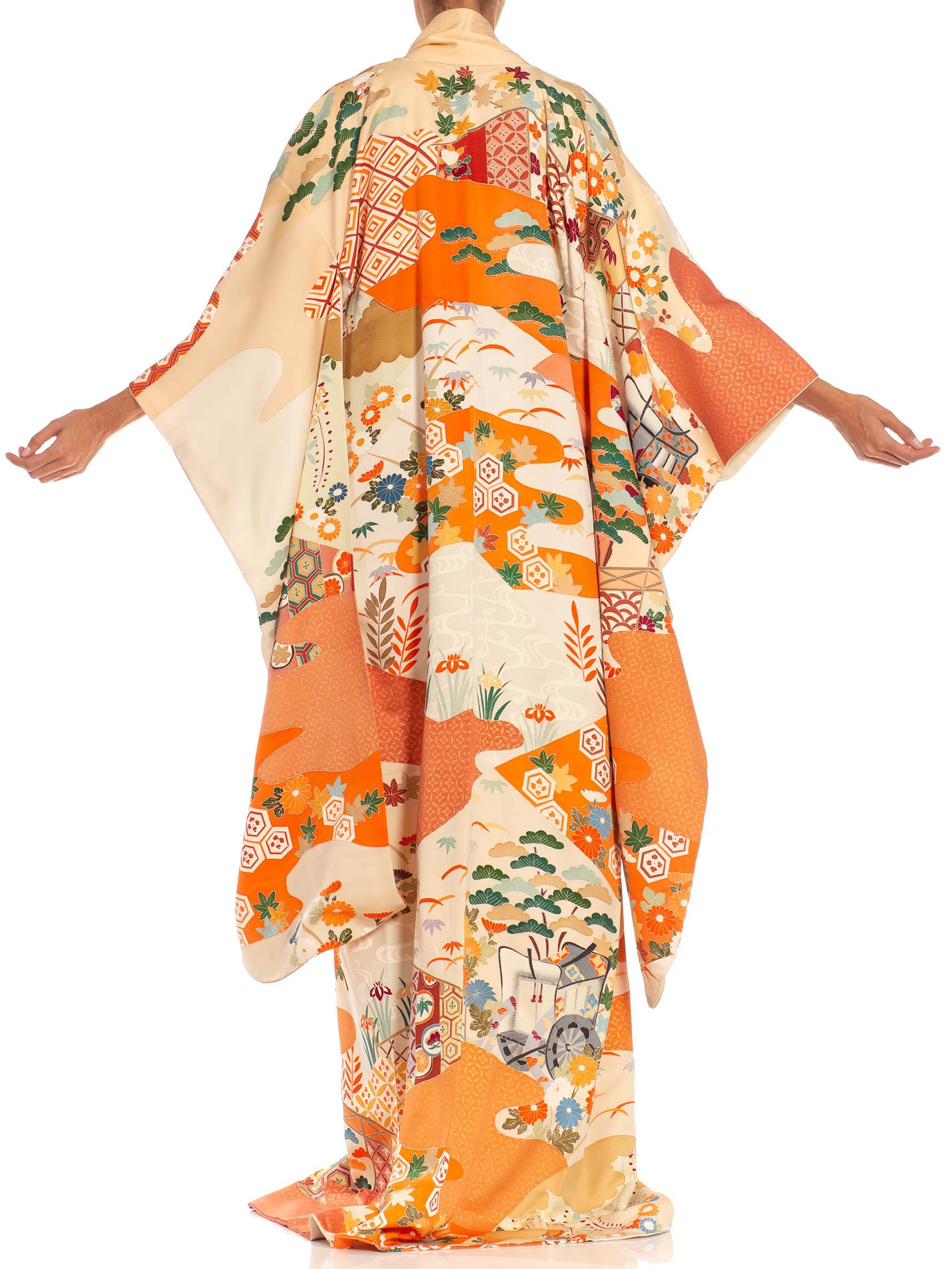 Orange & Cream Multicolored Hand Painted Silk Kimono For Sale 5