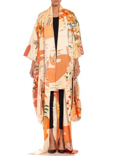1950S Orange & Cream Multicolored Hand Painted Silk Kimono