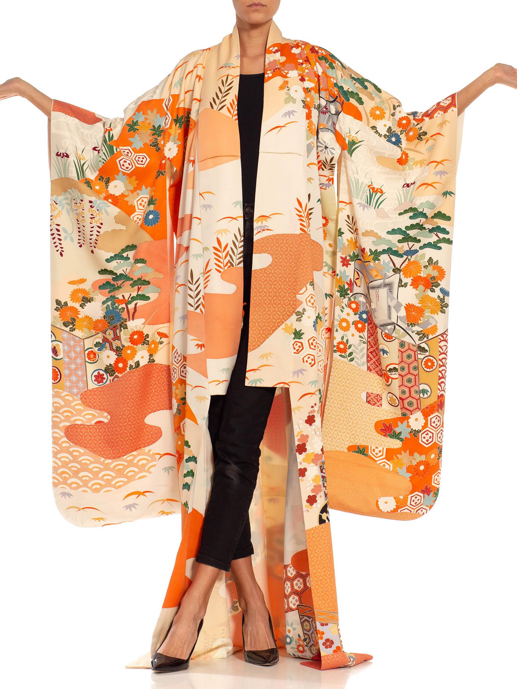 White Orange & Cream Multicolored Hand Painted Silk Kimono For Sale