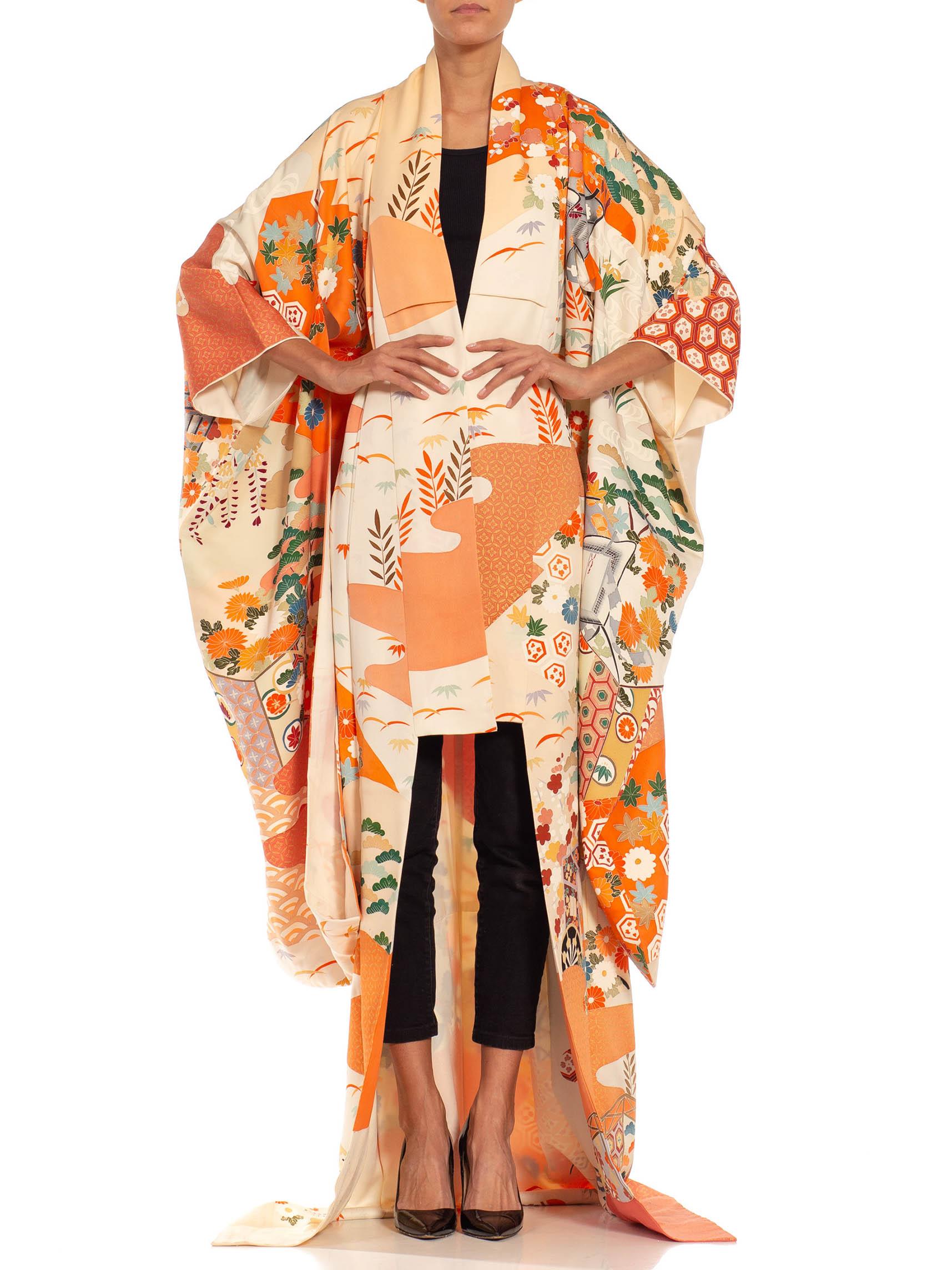 Women's or Men's Orange & Cream Multicolored Hand Painted Silk Kimono For Sale