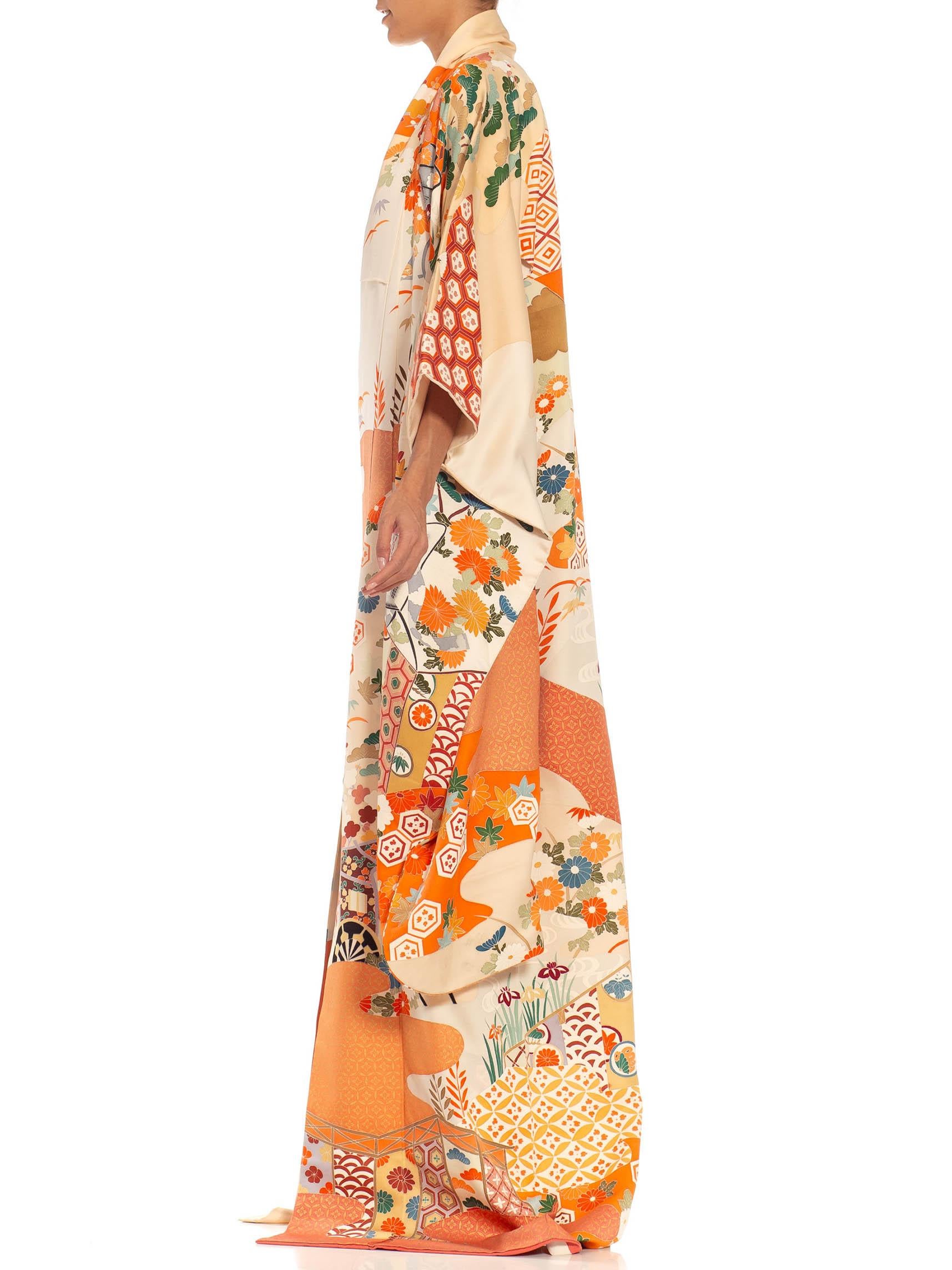 Orange & Cream Multicolored Hand Painted Silk Kimono For Sale 1
