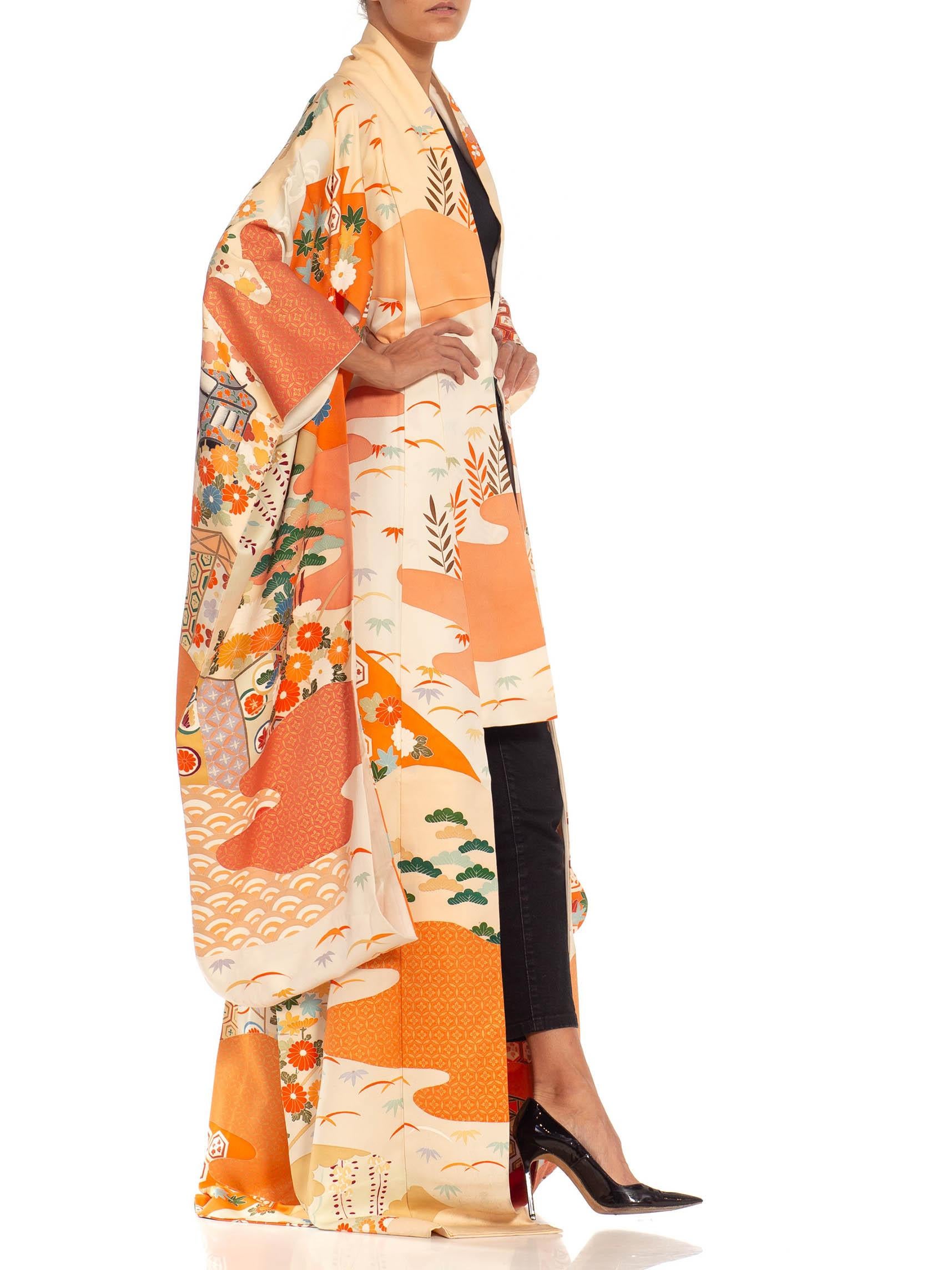 Orange & Cream Multicolored Hand Painted Silk Kimono For Sale 2