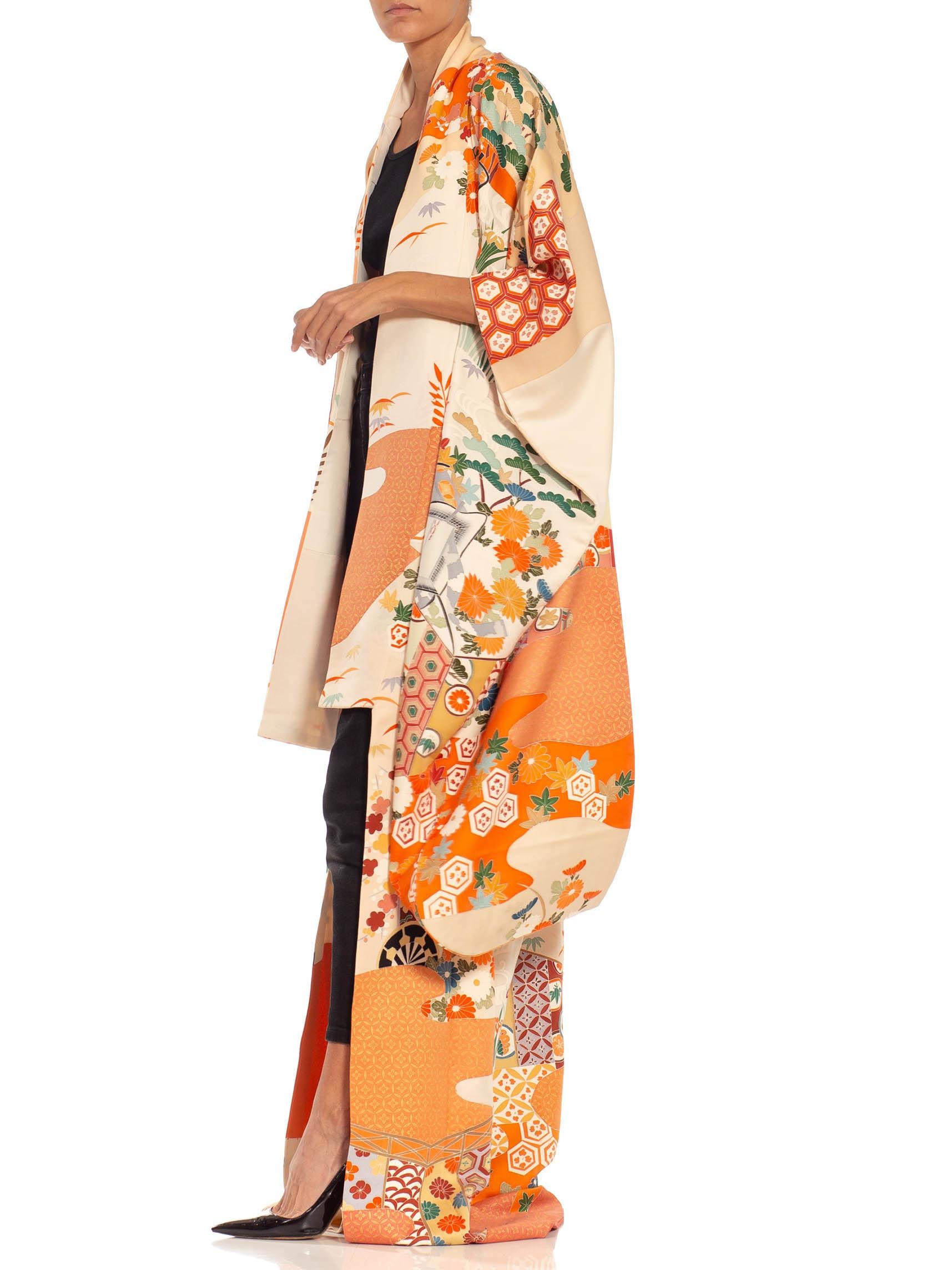 Orange & Cream Multicolored Hand Painted Silk Kimono For Sale 3