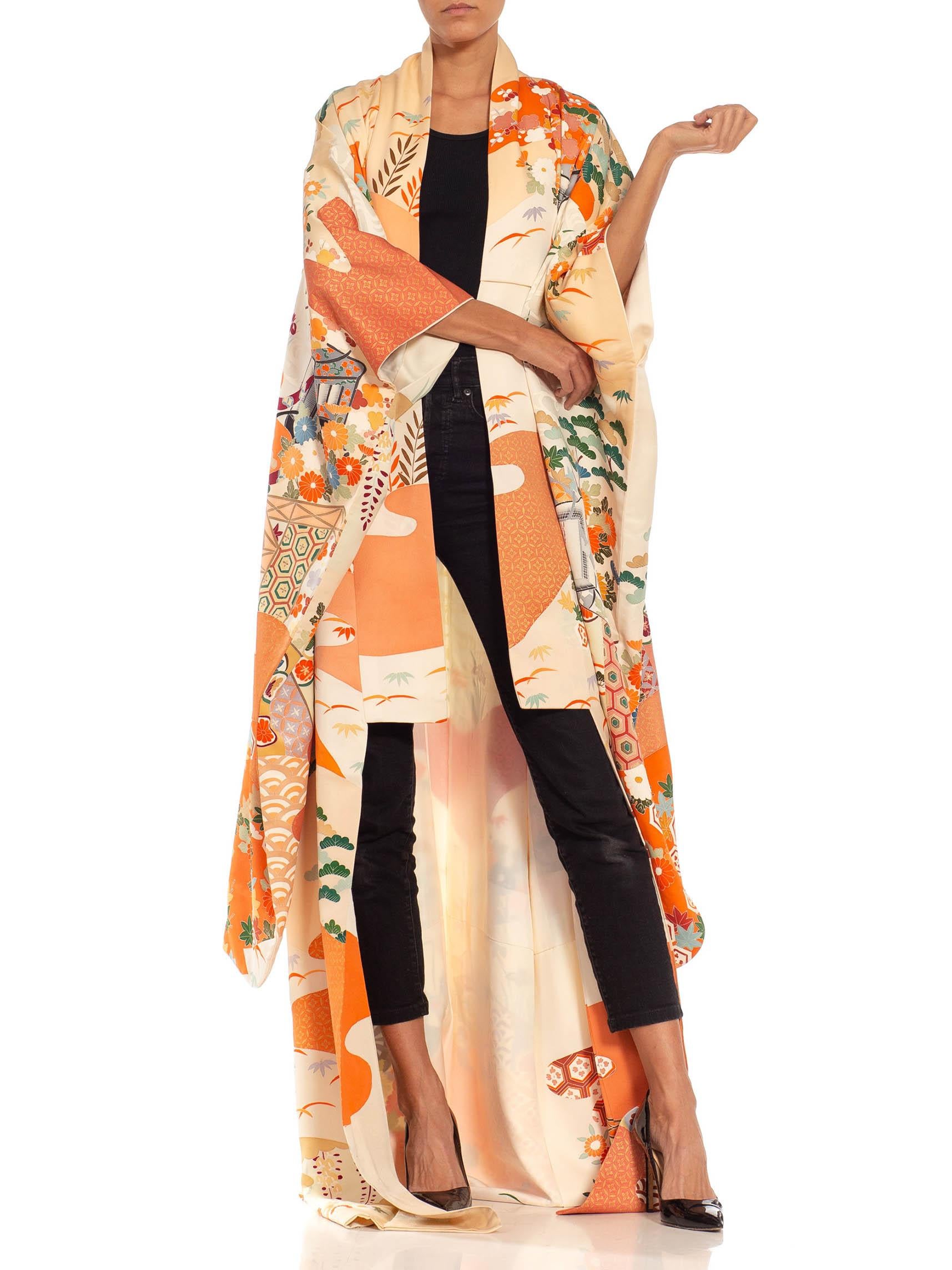 Orange & Cream Multicolored Hand Painted Silk Kimono For Sale 4