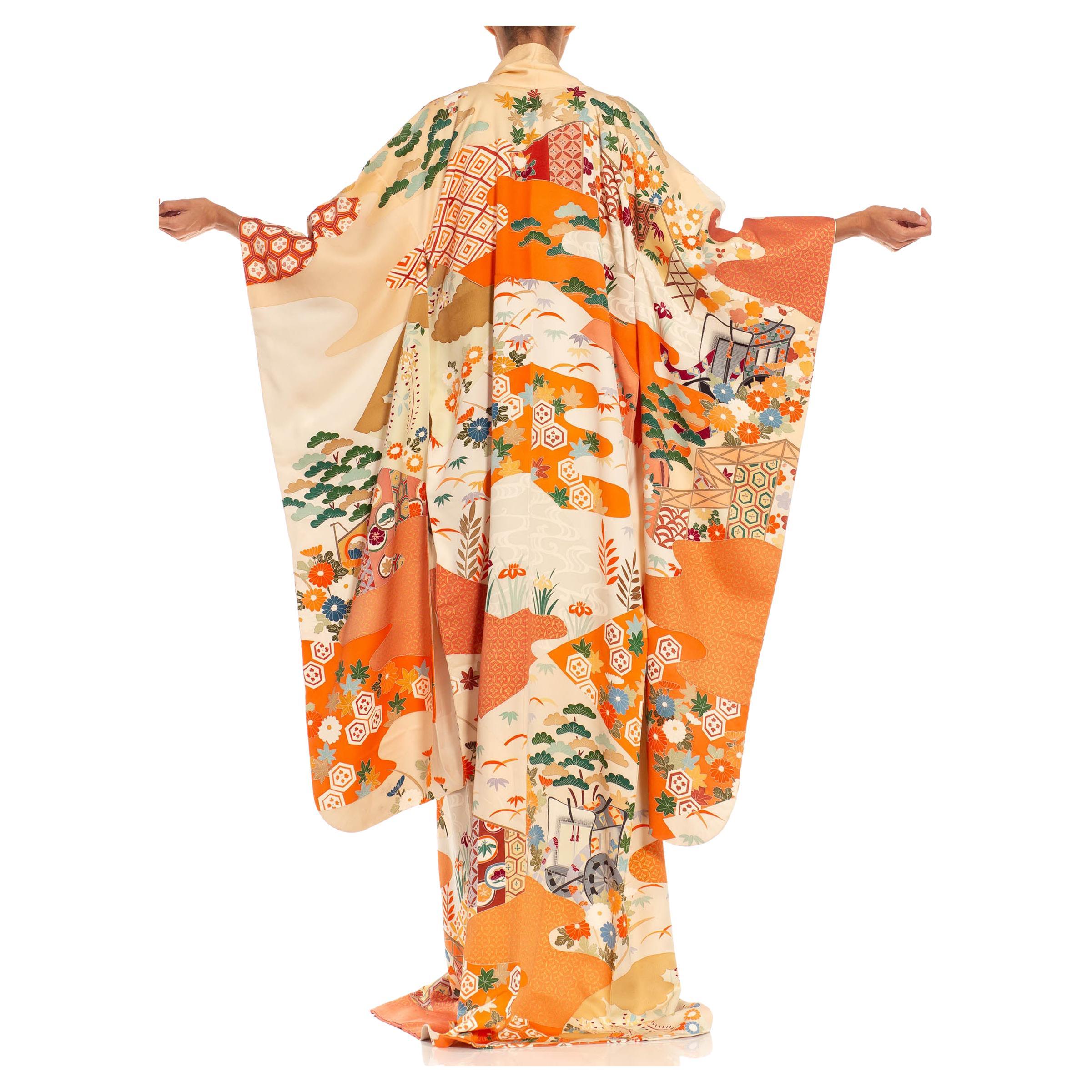 Orange & Cream Multicolored Hand Painted Silk Kimono