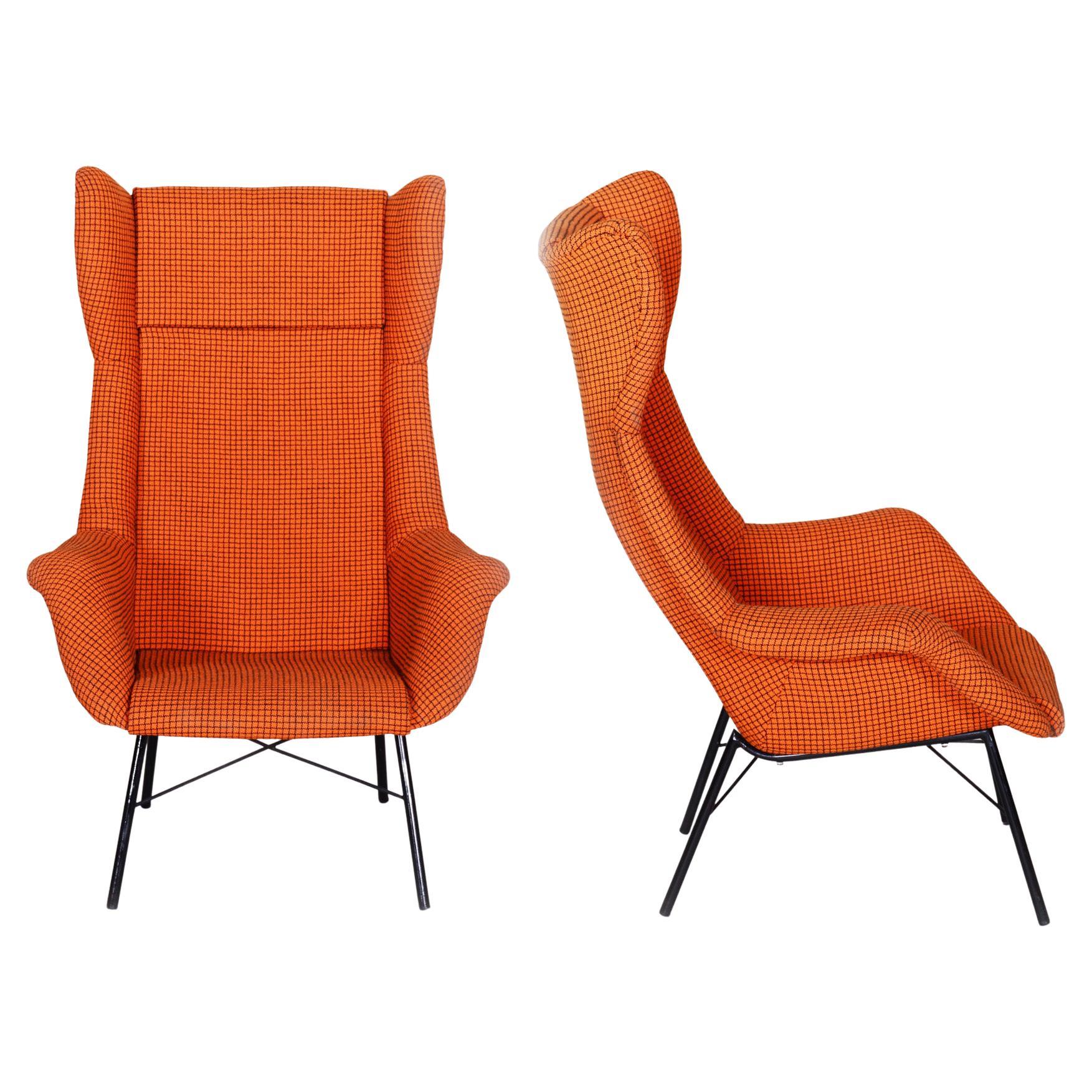 Orange Czech Midcentury Armchairs, 1960s, Original Fabric, Designed by Navrátil For Sale