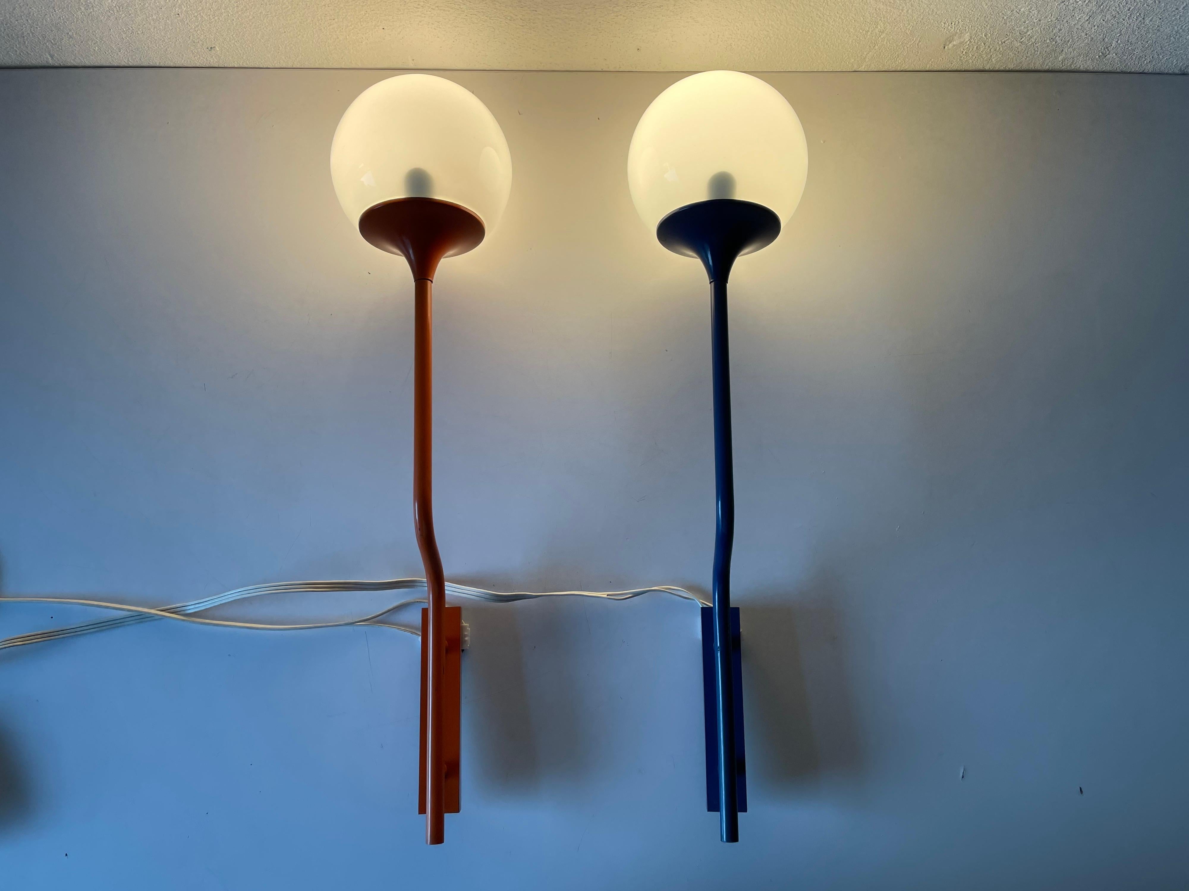 Orange-Dark Blue Long Metal Body Glass Pair of Sconces by Reggiani, 1970s, Italy For Sale 6