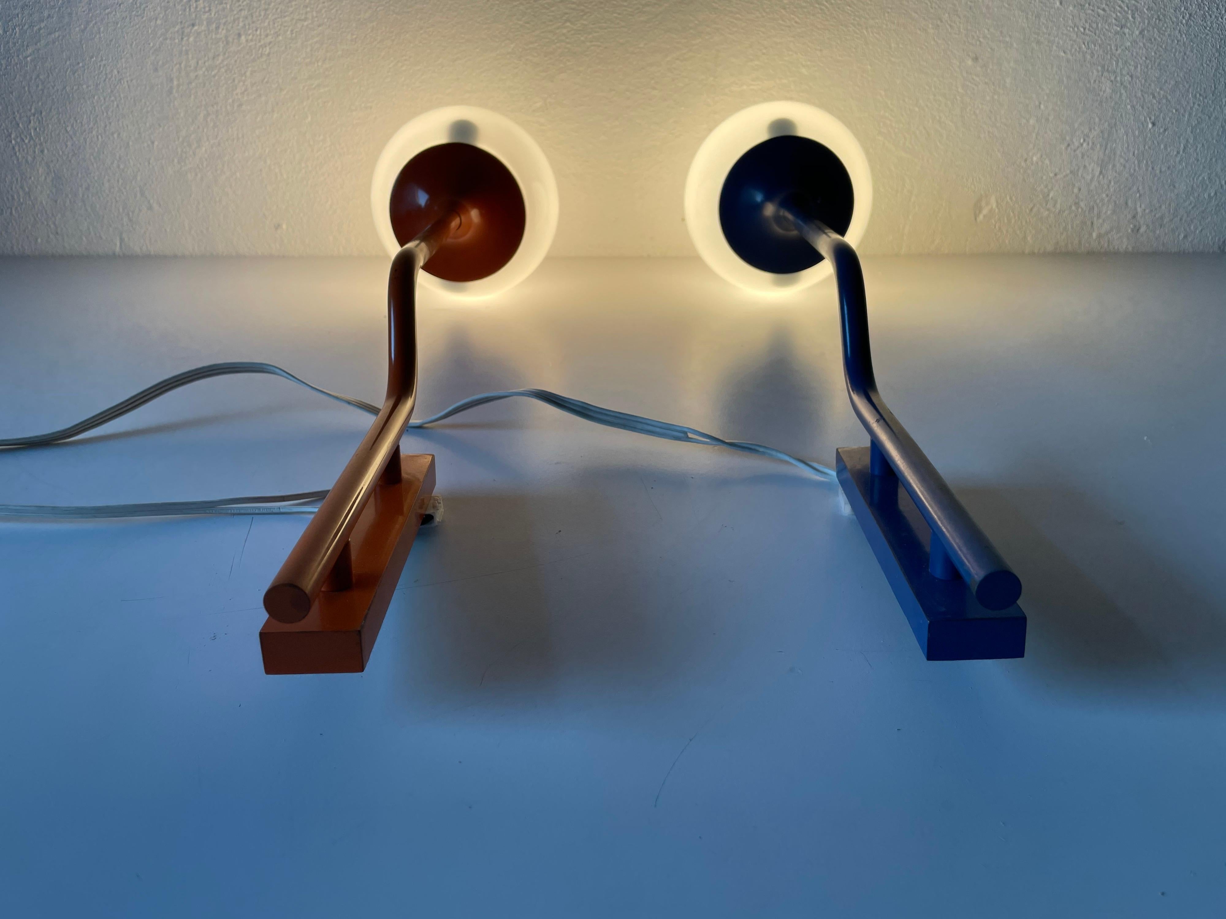 Orange-Dark Blue Long Metal Body Glass Pair of Sconces by Reggiani, 1970s, Italy For Sale 7