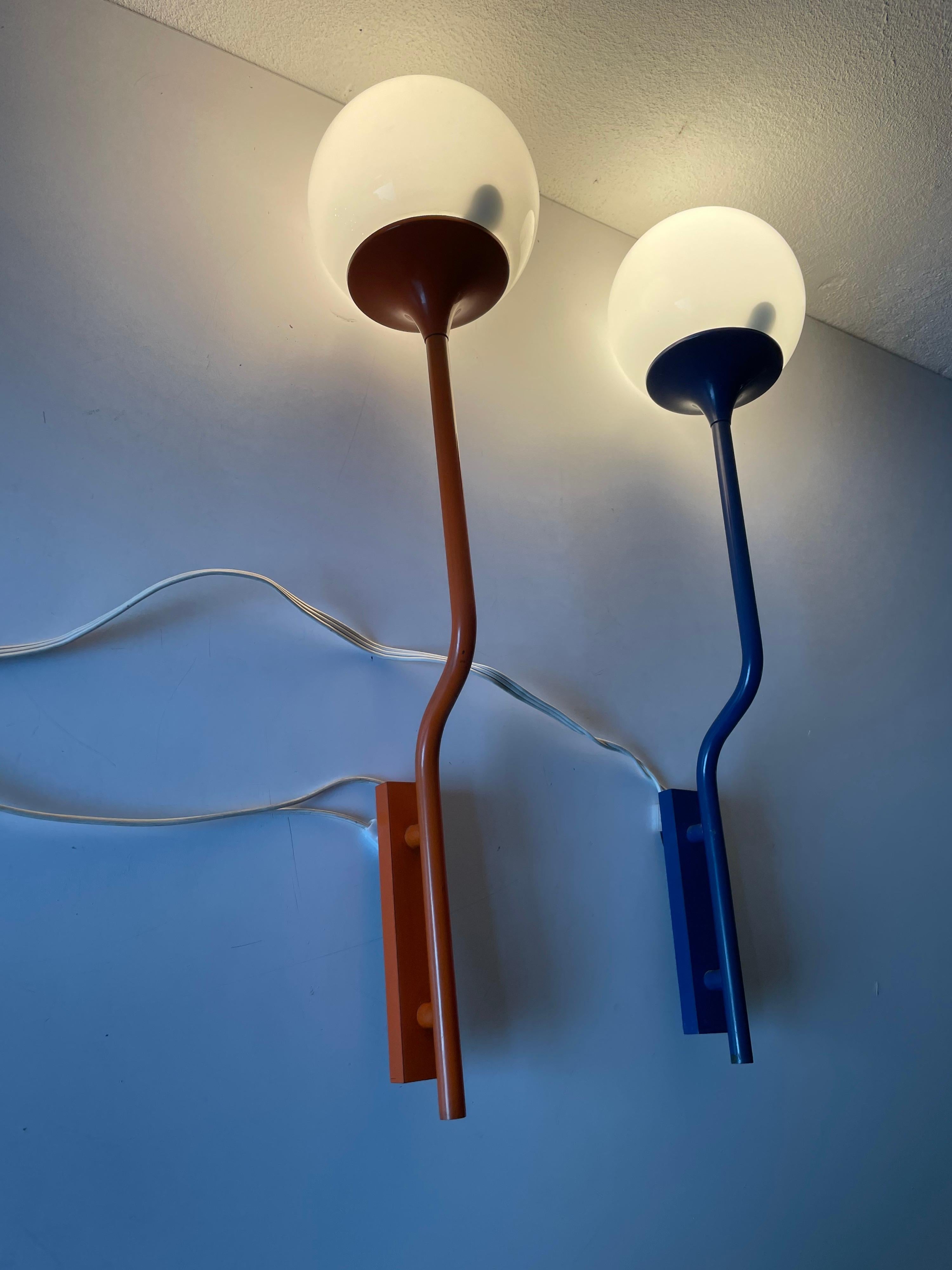 Orange-Dark Blue Long Metal Body Glass Pair of Sconces by Reggiani, 1970s, Italy For Sale 8
