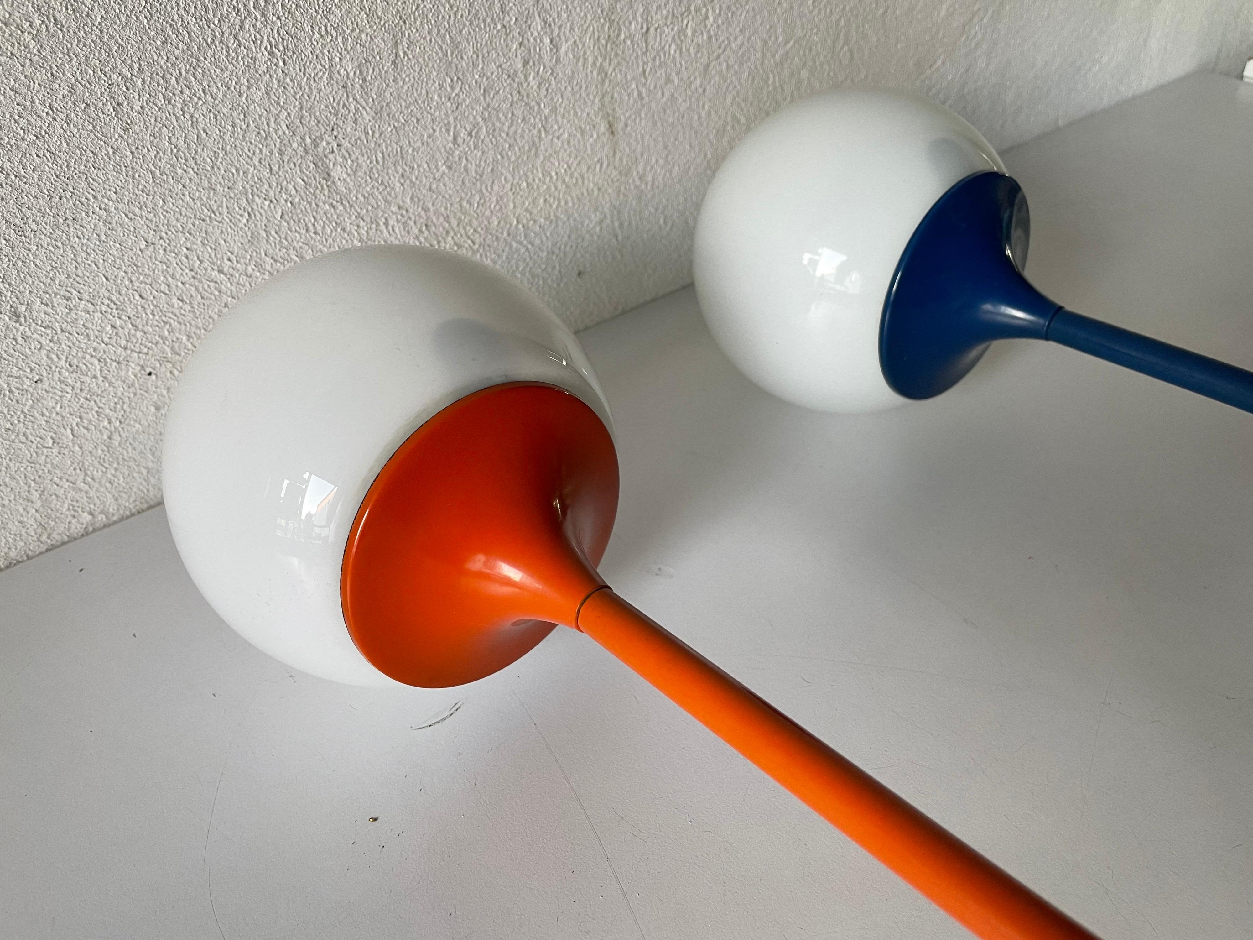 Orange-Dark Blue Long Metal Body Glass Pair of Sconces by Reggiani, 1970s, Italy For Sale 3