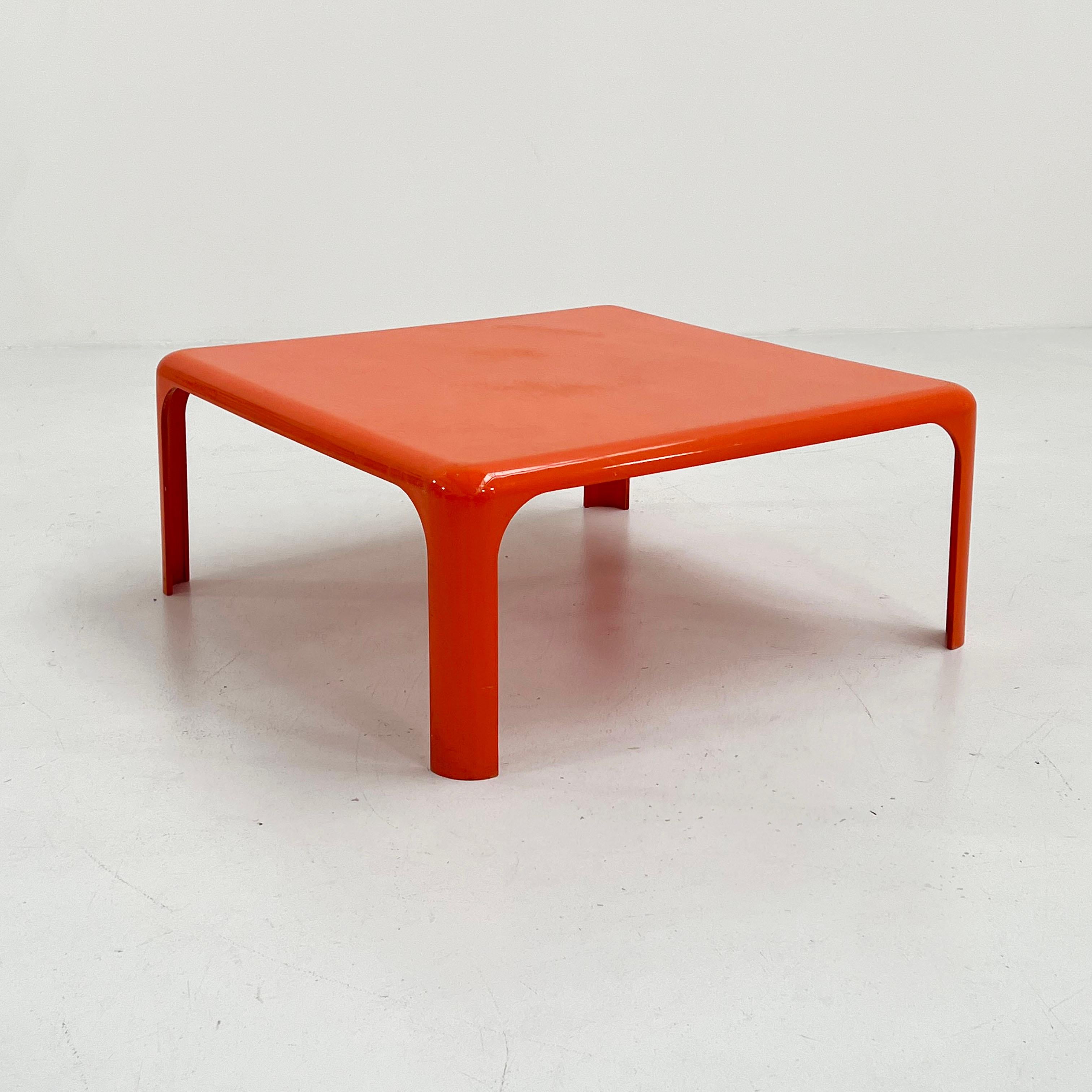 Designer - Vico Magistretti
Producer - Artemide
Model - Demetrio 70 Coffee Table 
Design Period - Sixties 
Measurements - Width 70 cm x Depth 70 cm x Height 30 cm
Materials - Plastic
Color - Orange
Light wear consistent with age and use. Some