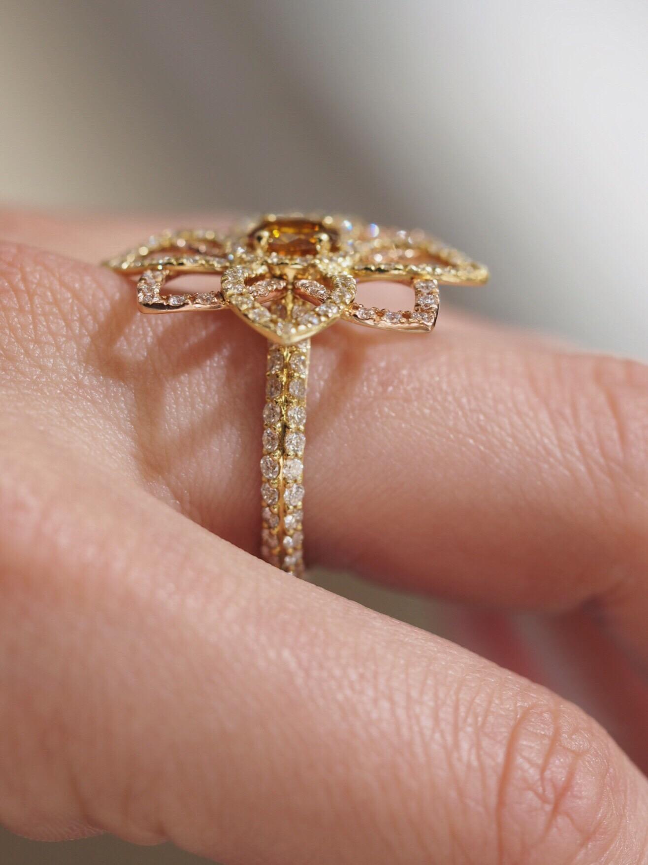 Contemporary Orange Diamond in Custom Made Flower Ring
