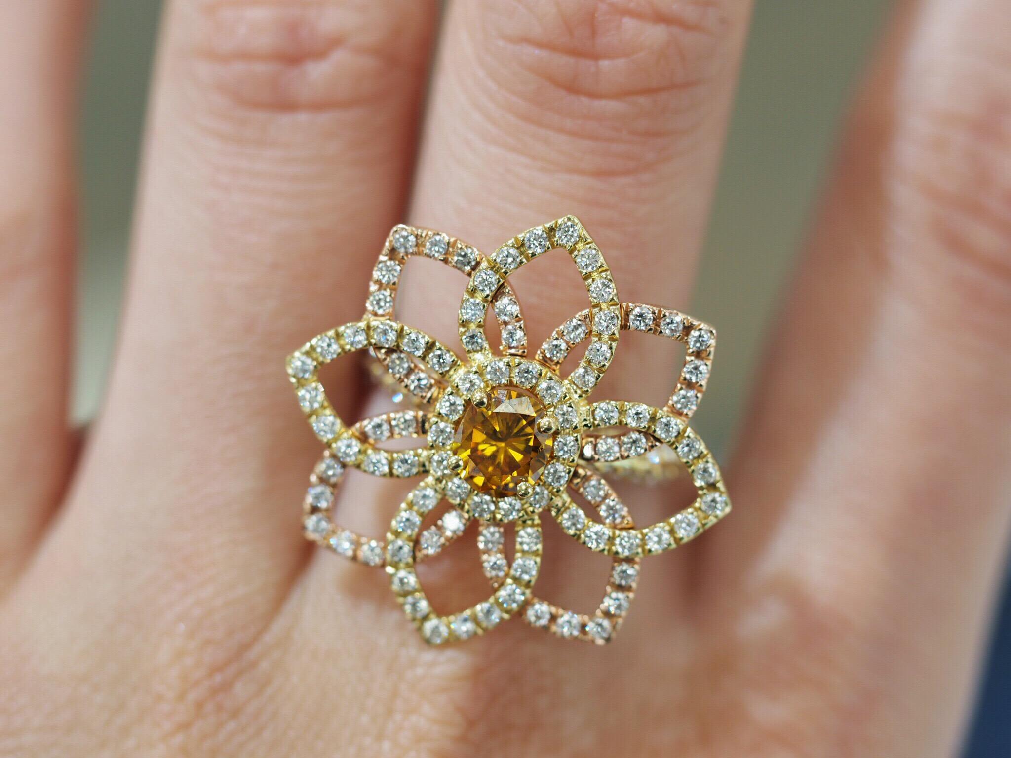 Orange Diamond in Custom Made Flower Ring In New Condition In Addison, TX