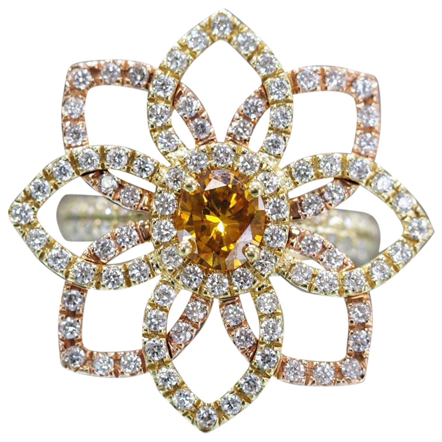 Orange Diamond in Custom Made Flower Ring
