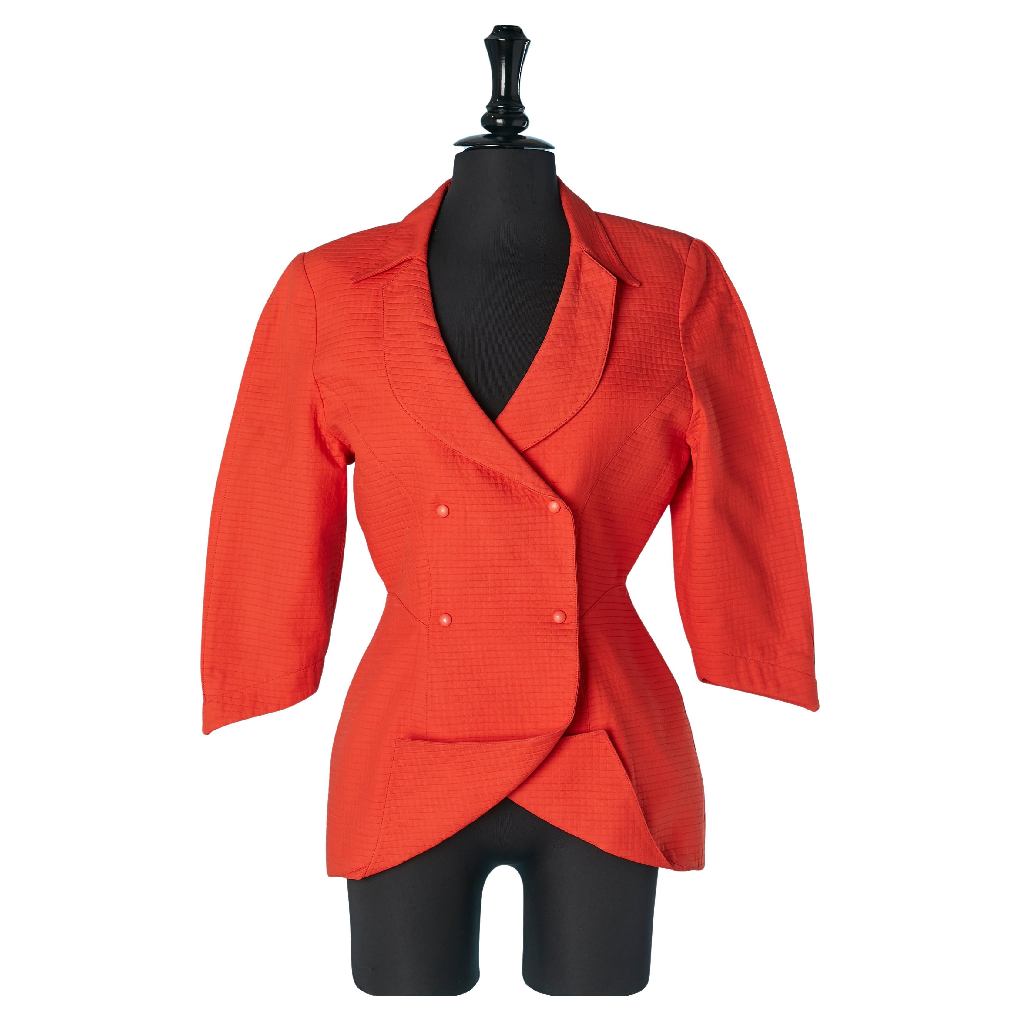 Orange double-breasted cotton Piqué jacket with cut work THIERRY MUGLER