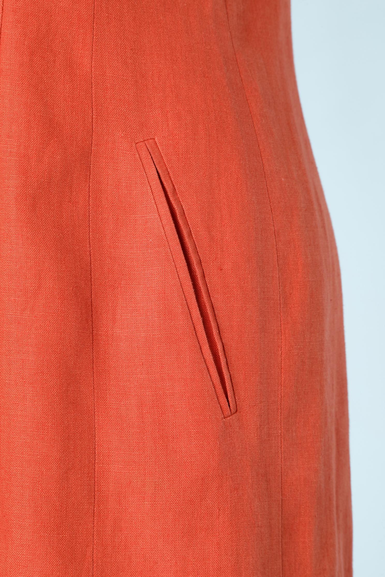 Rouge Robe en lin orange à double boutonnage et devant asymétrique Lanvin en vente
