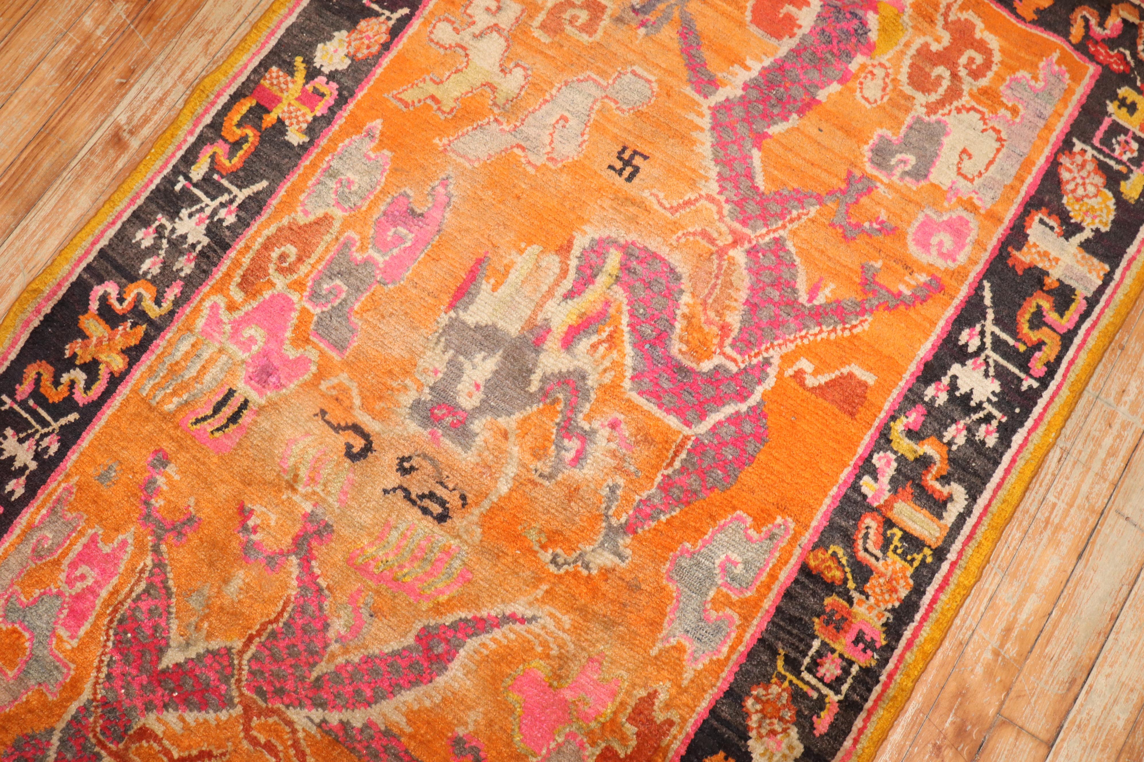 Hand-Knotted Orange Dragon Vintage Tibetan Rug For Sale