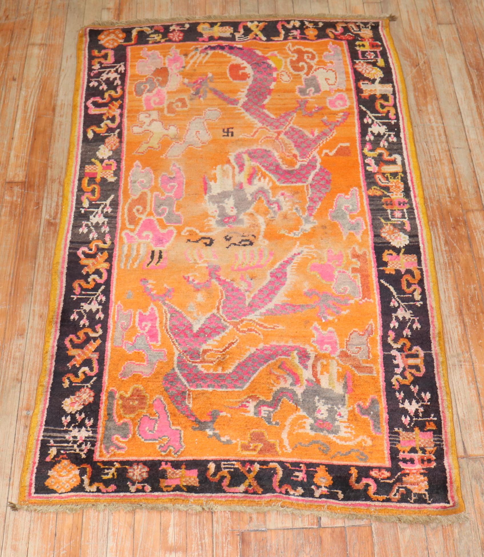 Orange Dragon Vintage Tibetan Rug In Good Condition For Sale In New York, NY