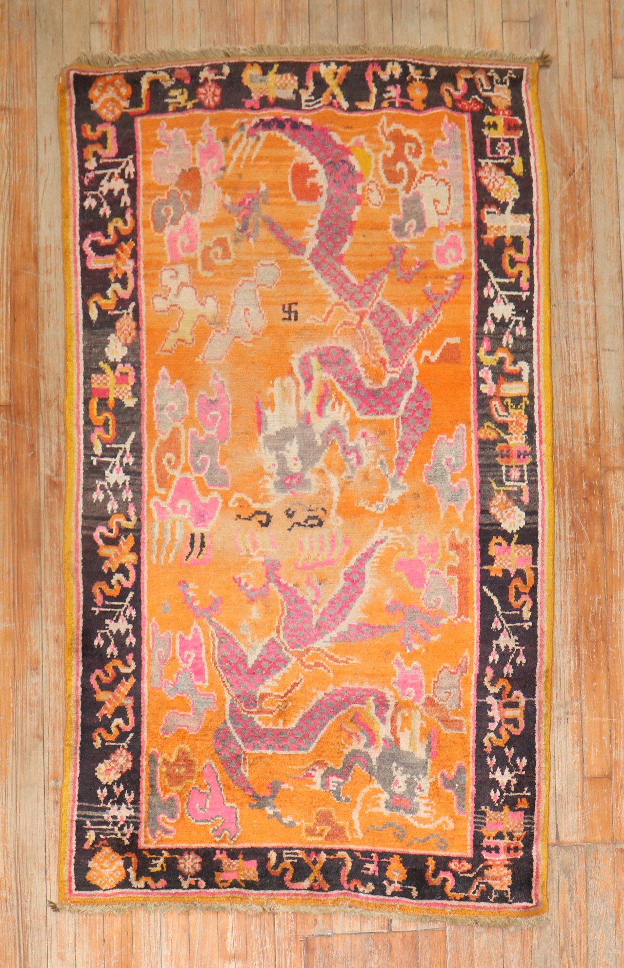 20th Century Orange Dragon Vintage Tibetan Rug For Sale