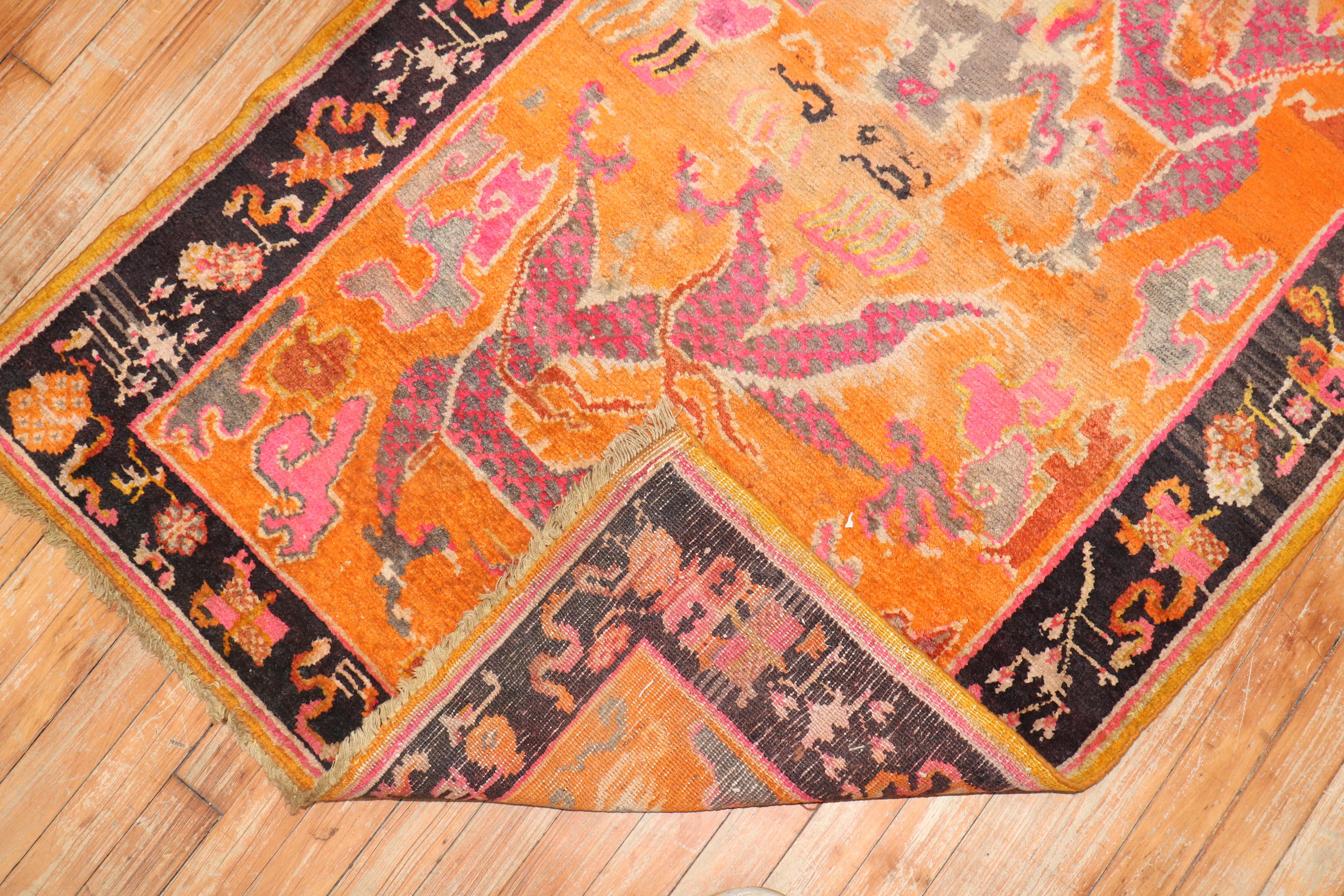 Wool Orange Dragon Vintage Tibetan Rug For Sale