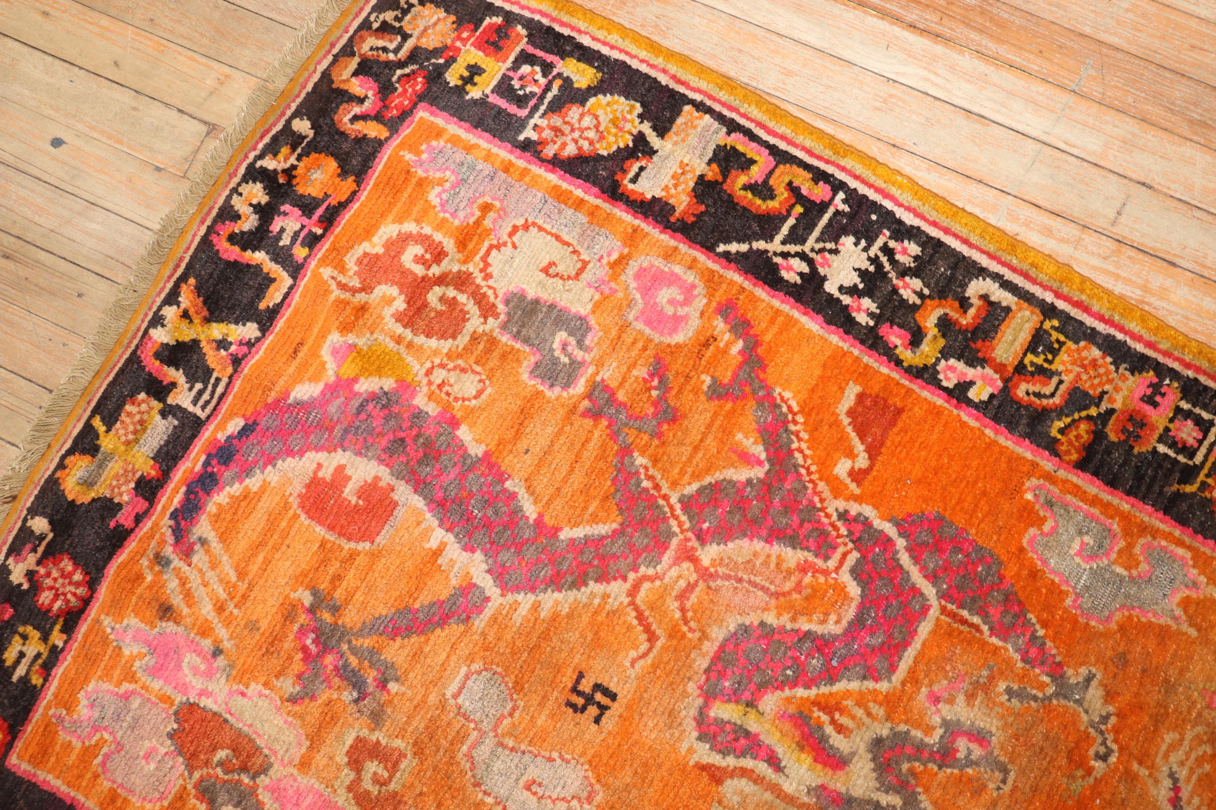 Orange Dragon Vintage Tibetan Rug For Sale 1