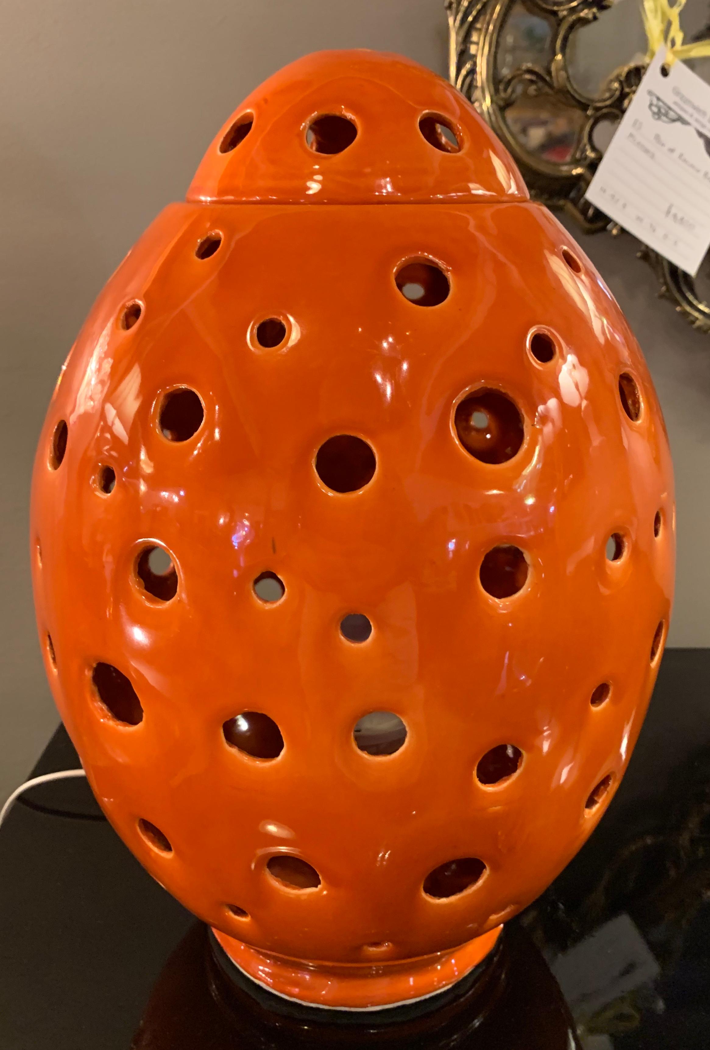 Late 20th Century Modern Ceramic Table Lamp Handmade Egg Form in Orange 