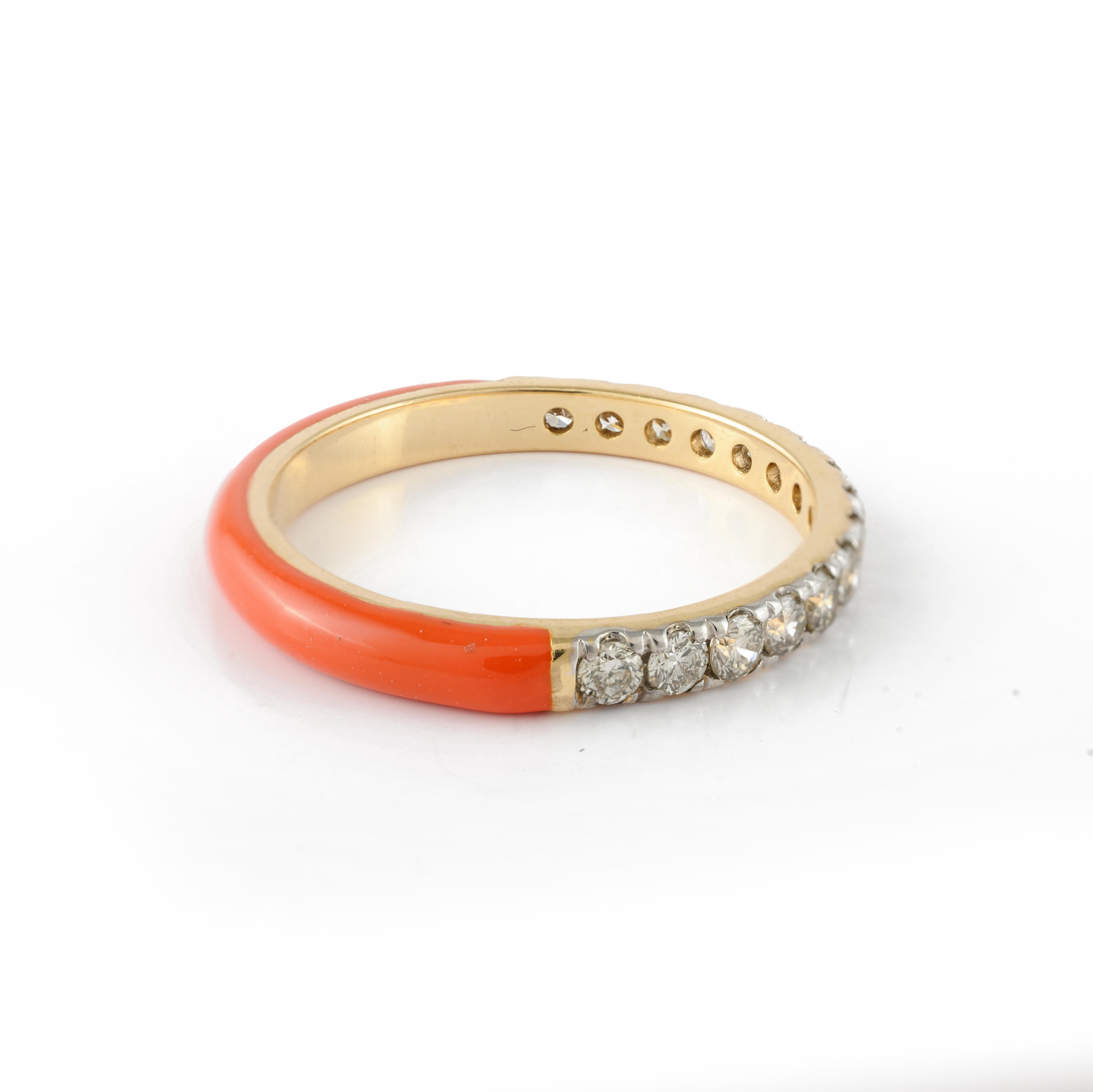 For Sale:  Orange Enamel Diamond Ring 14k Solid Yellow Gold Stacking Band 5